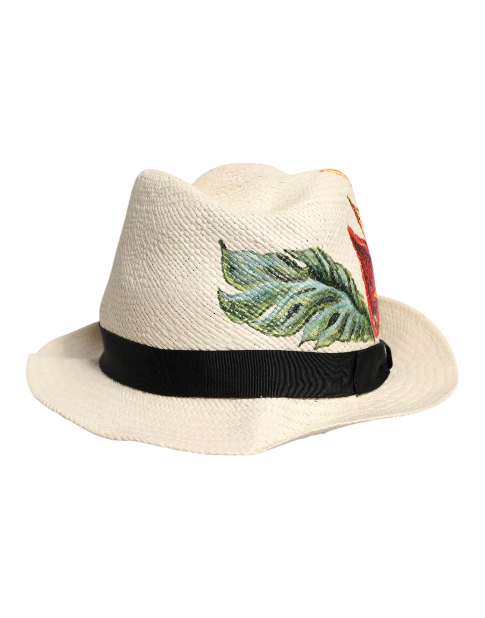 Dolce & Gabbana Beige Floral Print Straw Wide Brim Fedora Hat-2