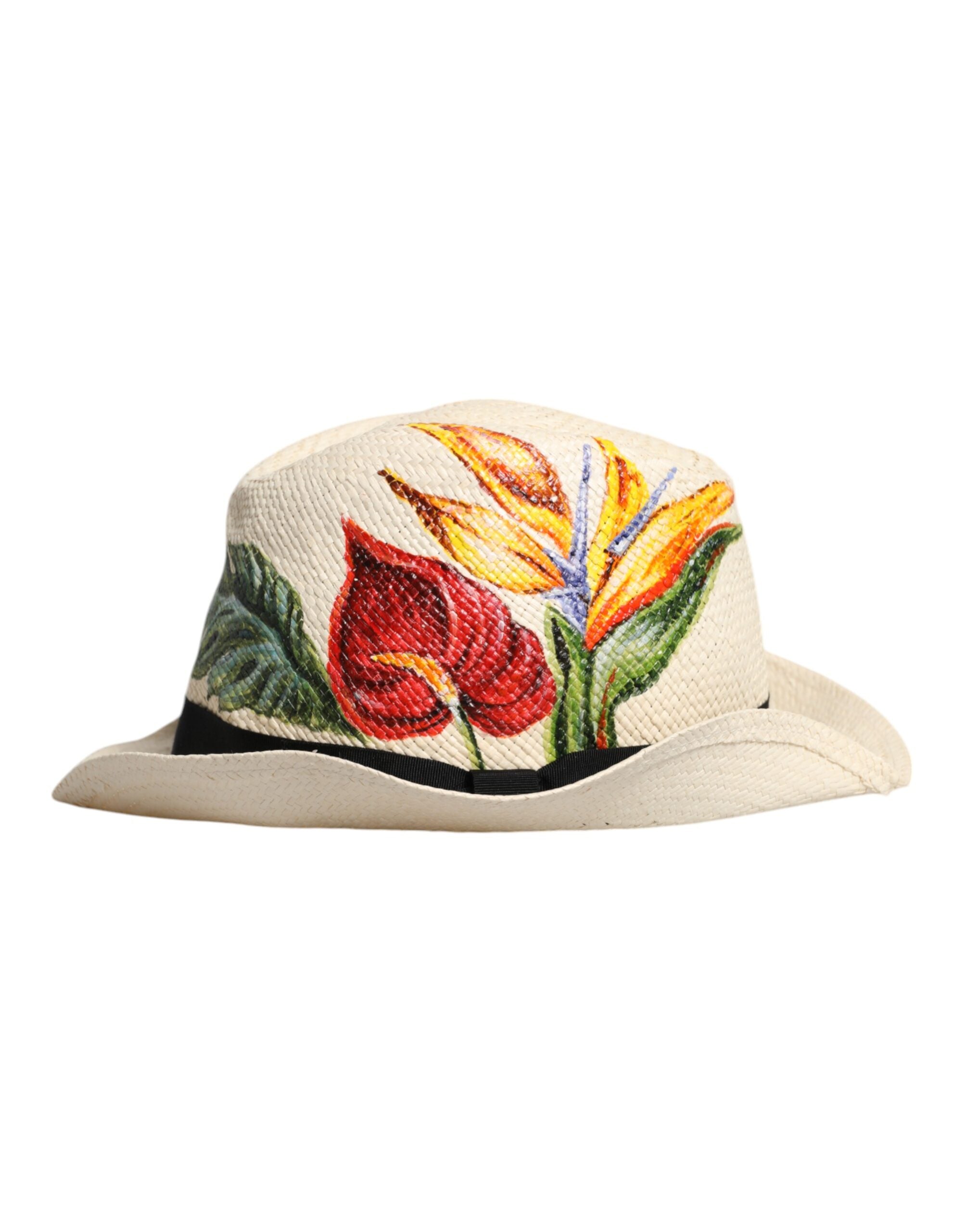 Dolce & Gabbana Beige Floral Print Straw Wide Brim Fedora Hat-3