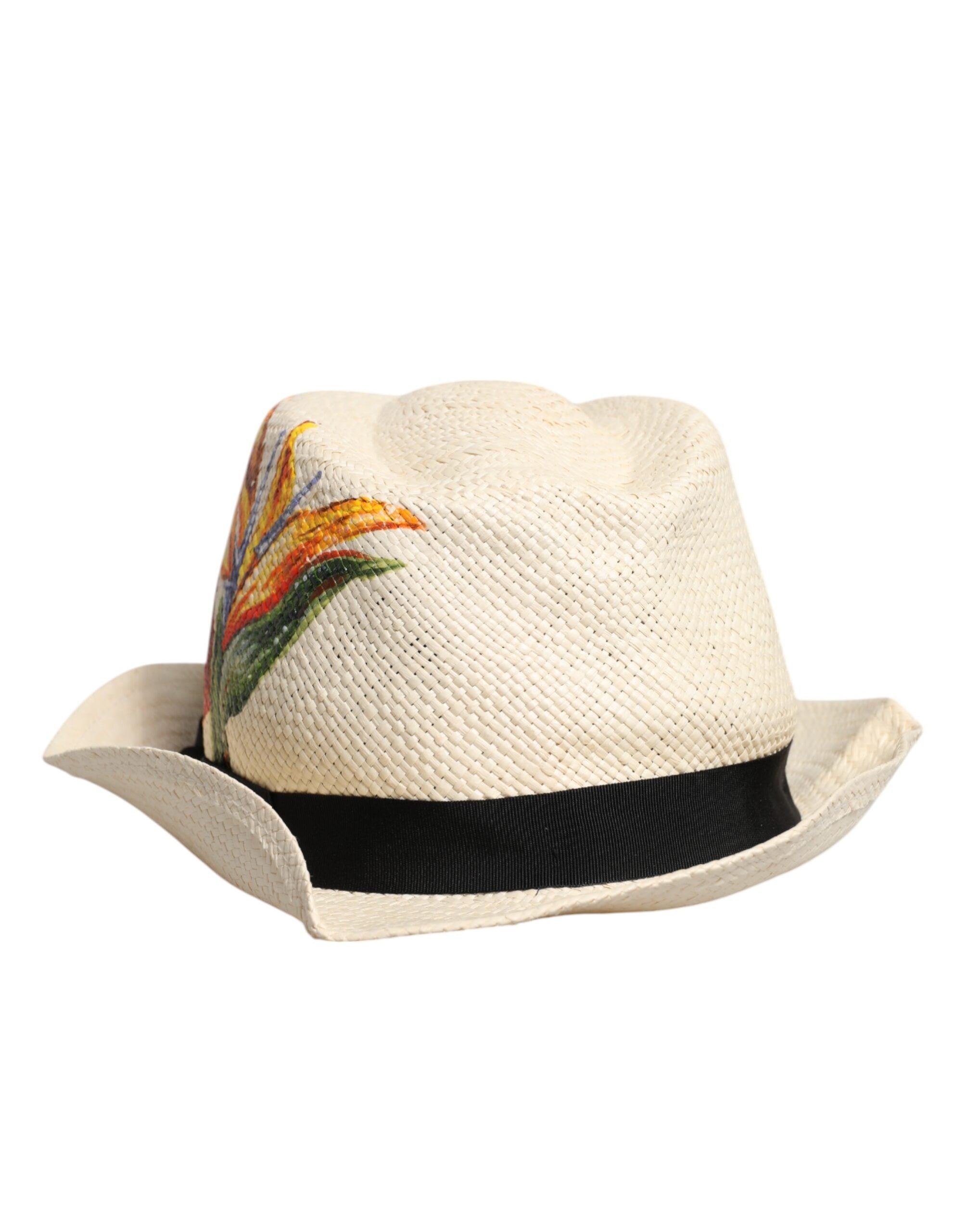 Dolce & Gabbana Beige Floral Print Straw Wide Brim Fedora Hat-4
