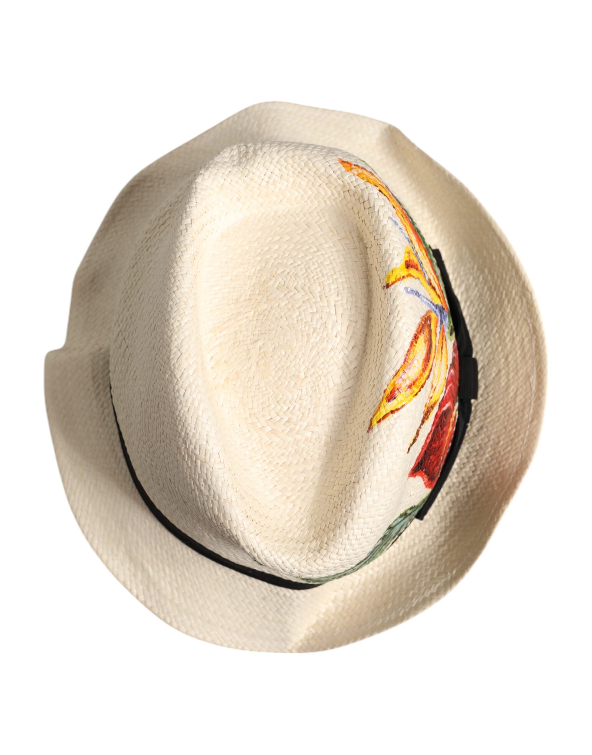 Dolce & Gabbana Beige Floral Print Straw Wide Brim Fedora Hat-5