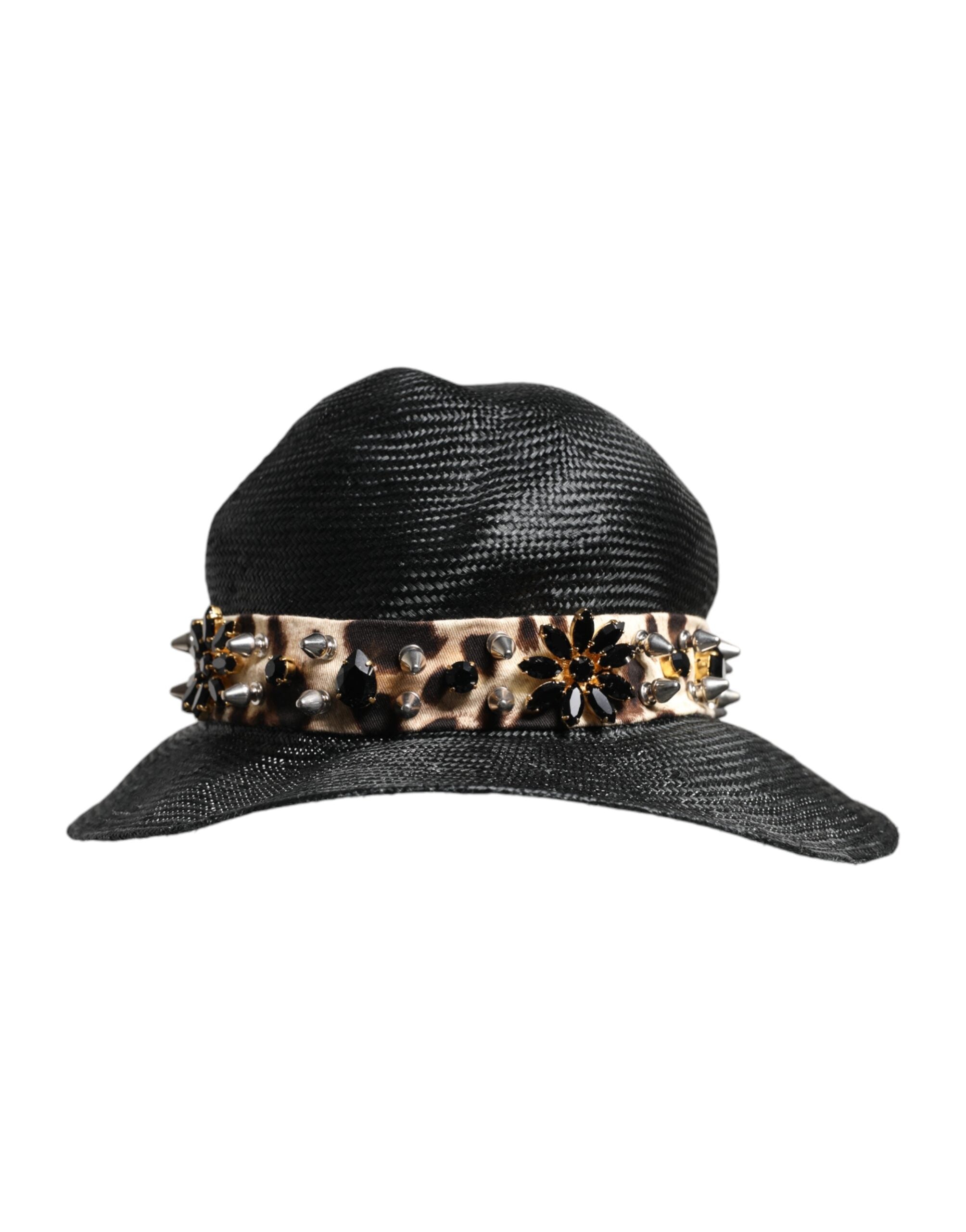 Dolce & Gabbana black straw hat with crystal embellishment and wide brim-1