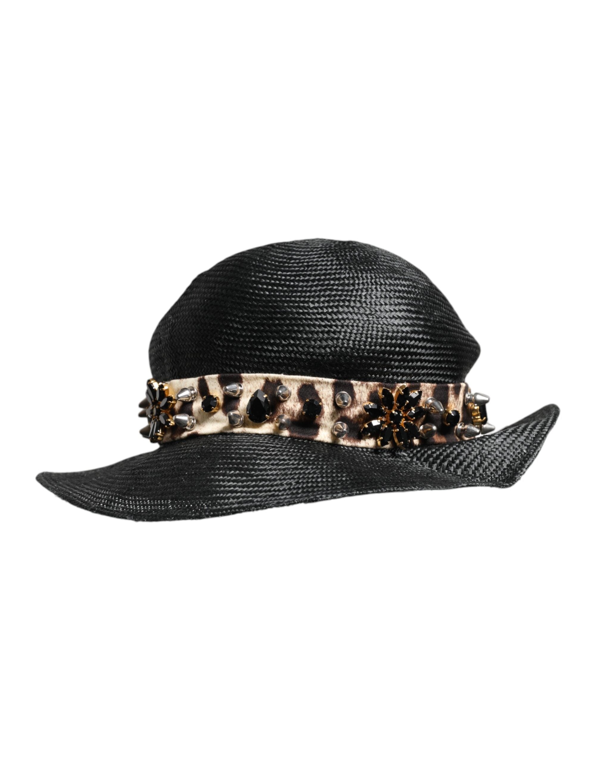 Dolce & Gabbana black straw hat with crystal embellishment and wide brim-3