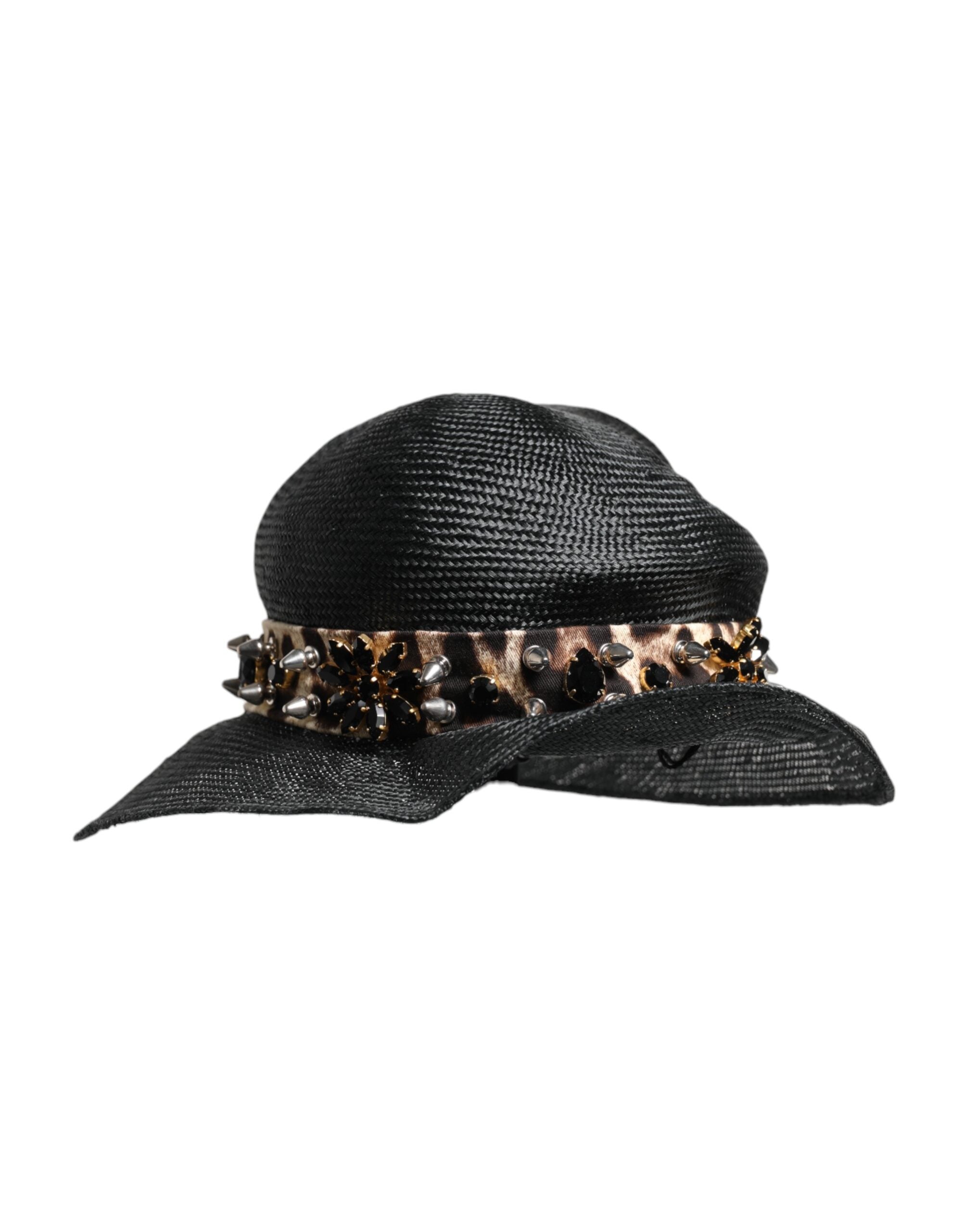 Dolce & Gabbana black straw hat with crystal embellishment and wide brim-4