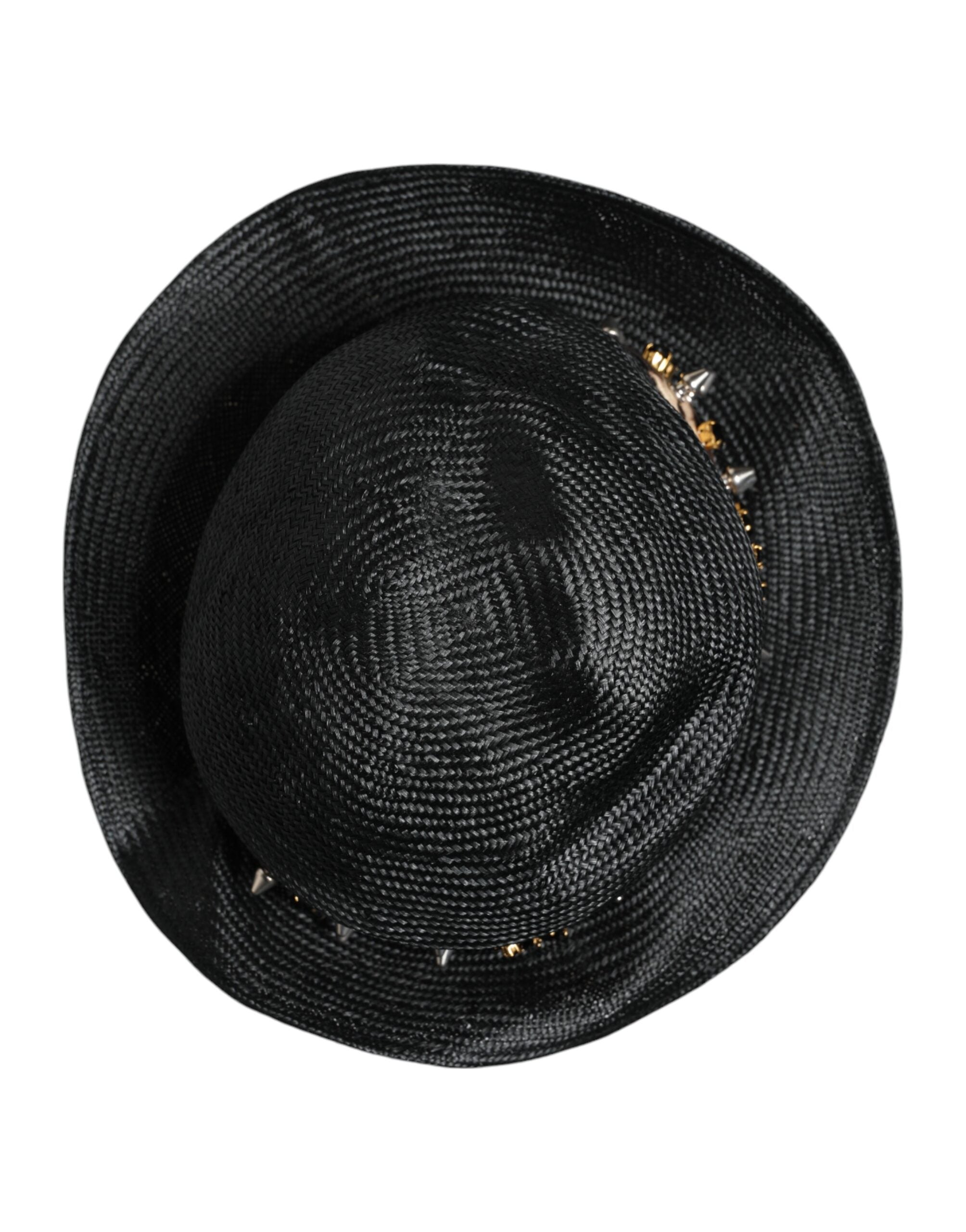 Dolce & Gabbana black straw hat with crystal embellishment and wide brim-5