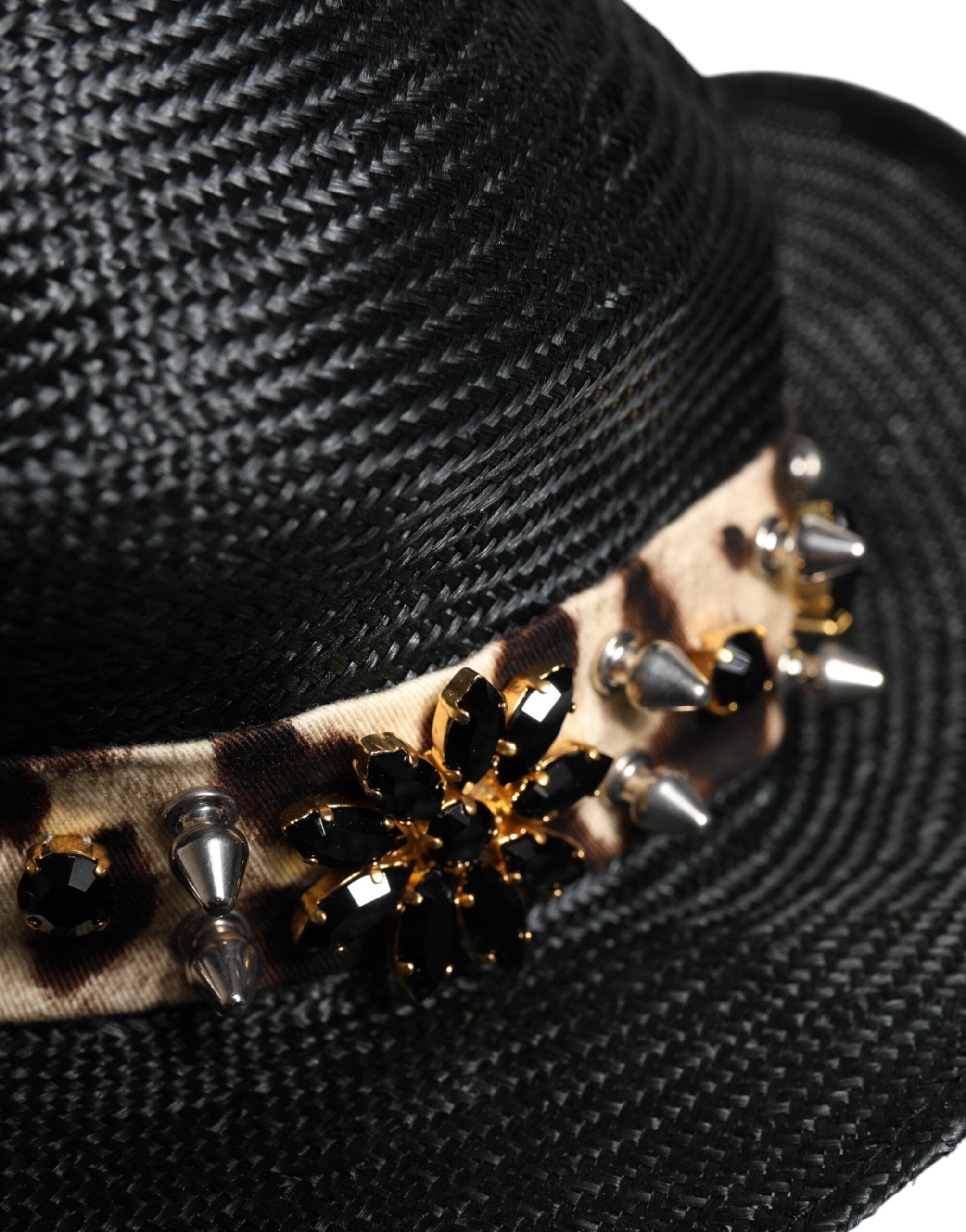 Dolce & Gabbana black straw hat with crystal embellishment and wide brim-6