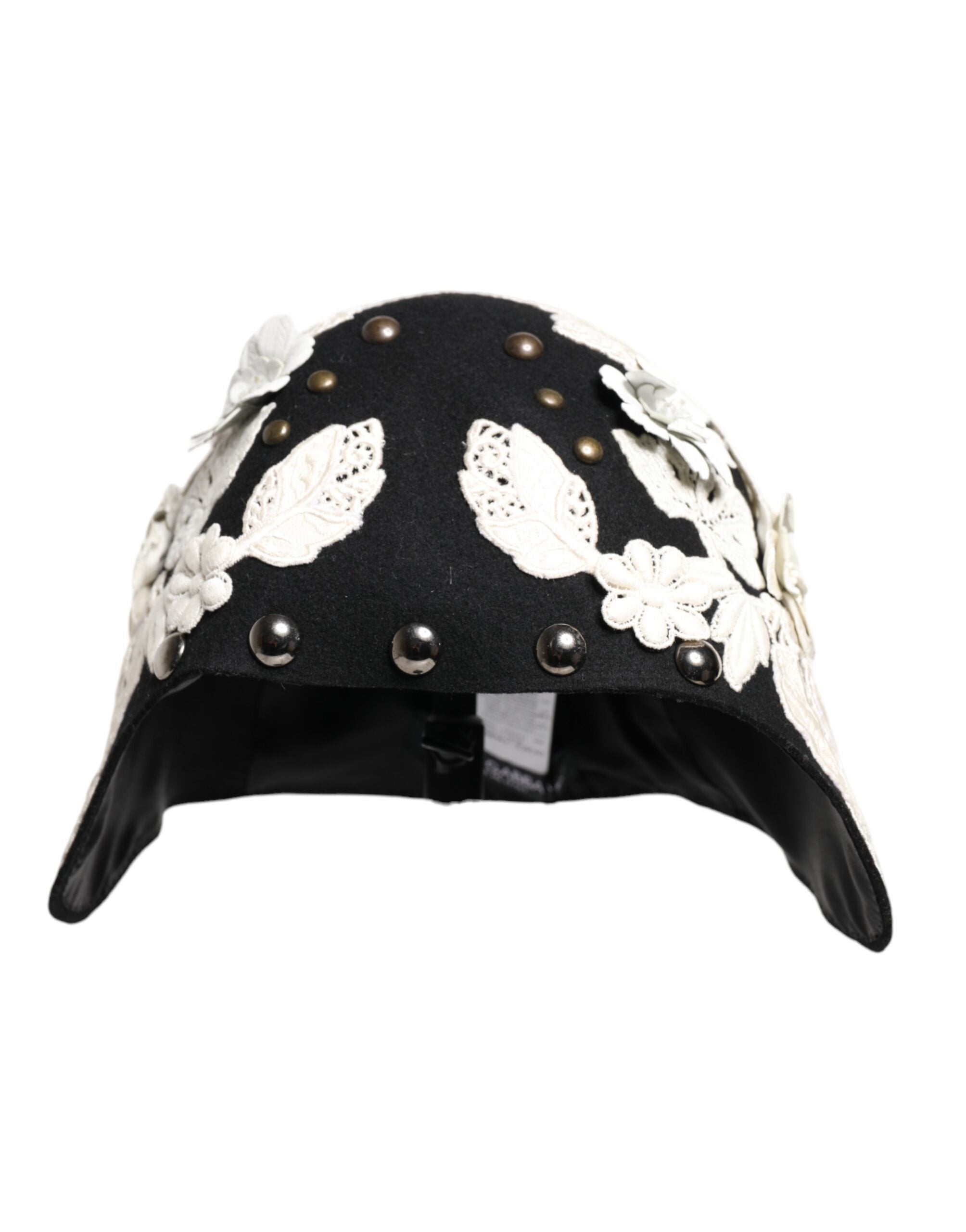 Dolce & Gabbana Black Wool White Floral Gold Leaf Cloche Hat-2