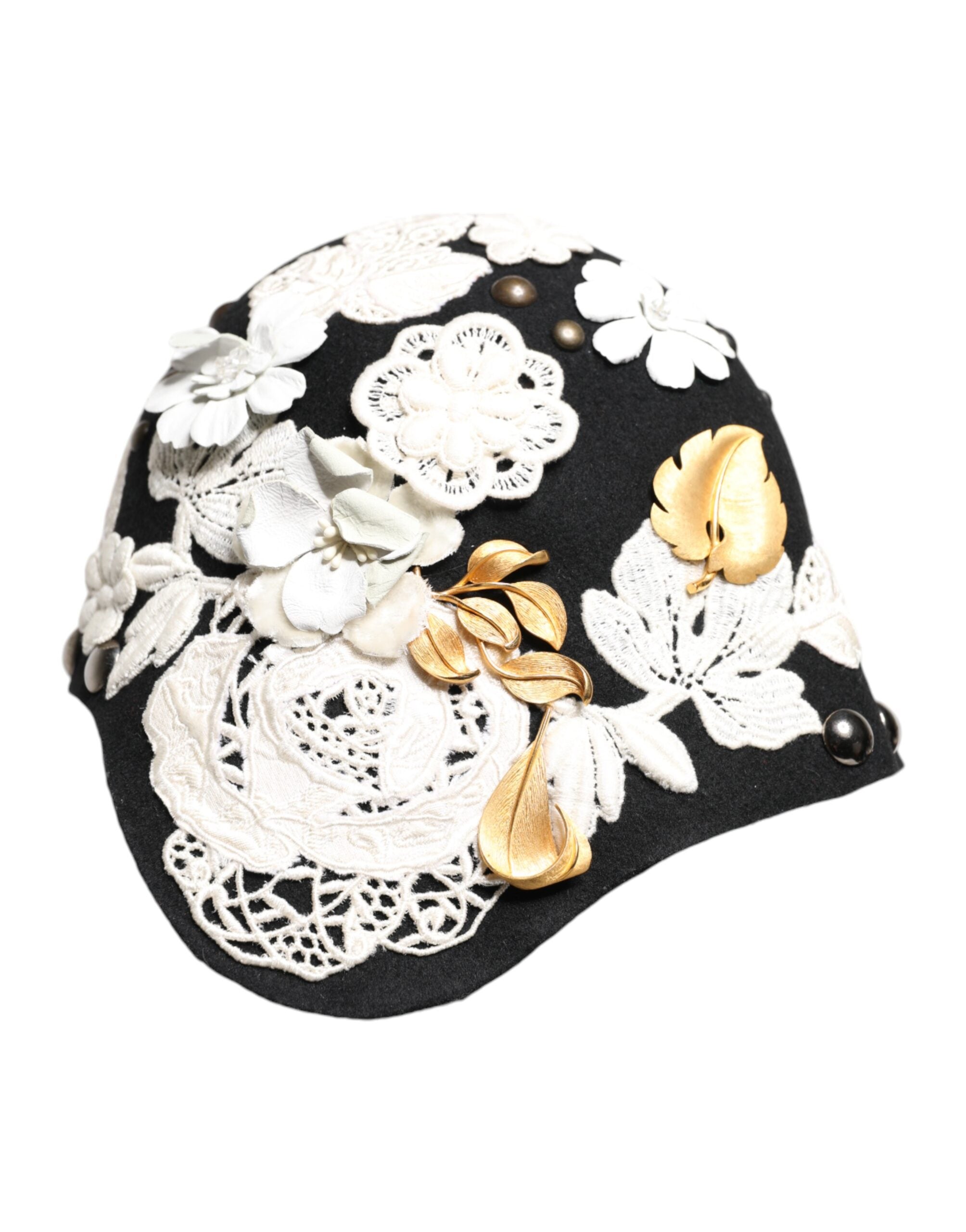 Dolce & Gabbana Black Wool White Floral Gold Leaf Cloche Hat-3