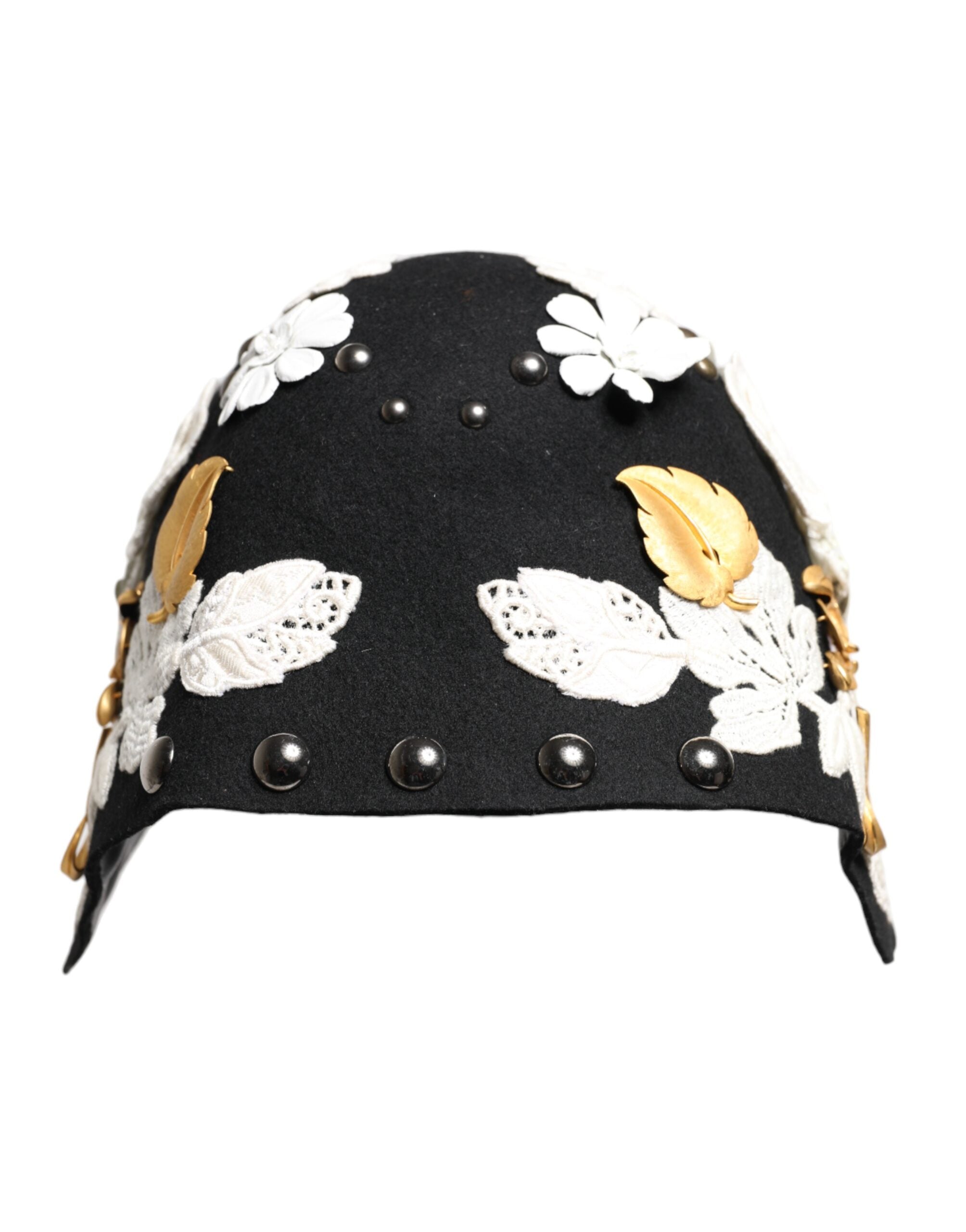 Dolce & Gabbana Black Wool White Floral Gold Leaf Cloche Hat-1