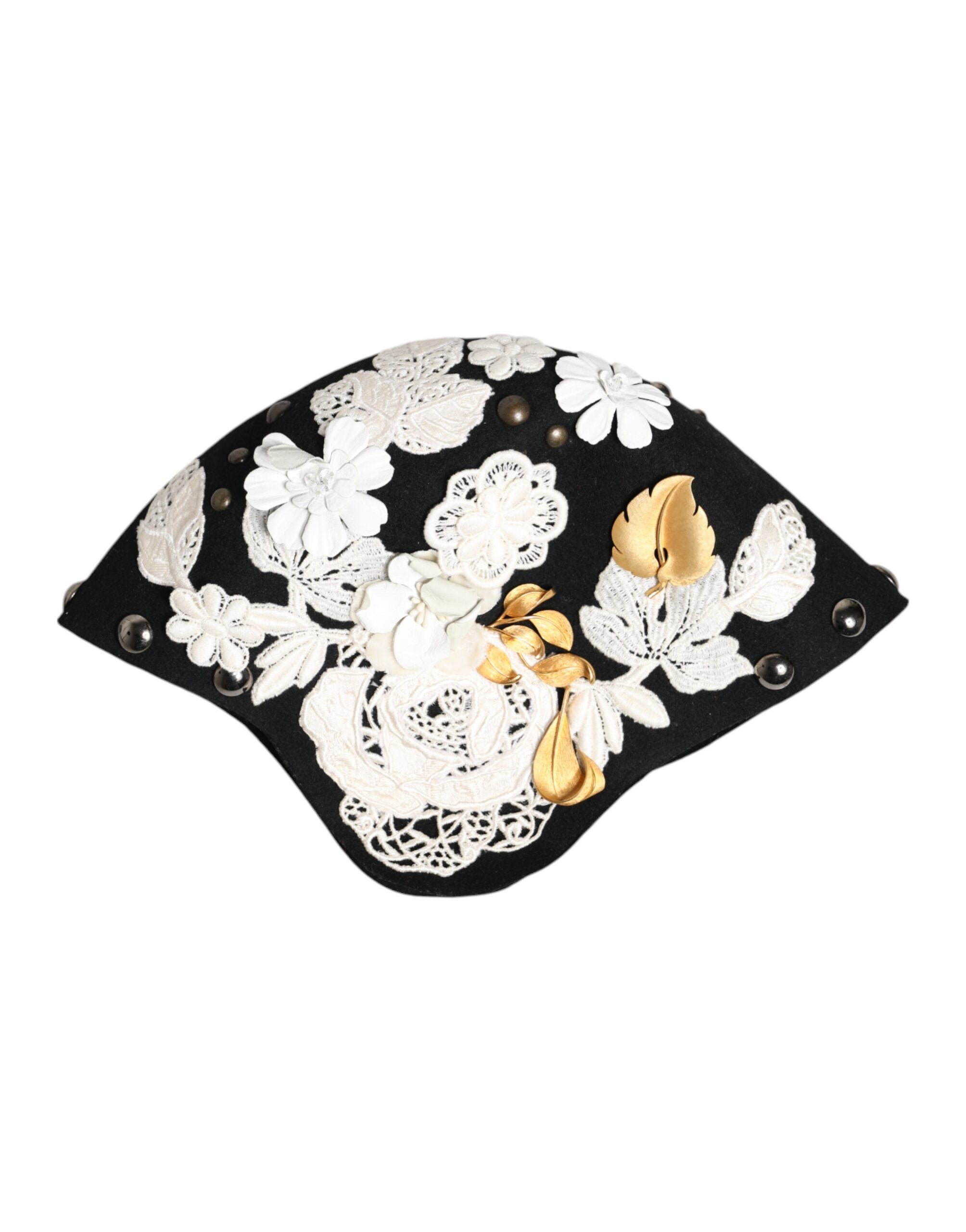 Dolce & Gabbana Black Wool White Floral Gold Leaf Cloche Hat-5