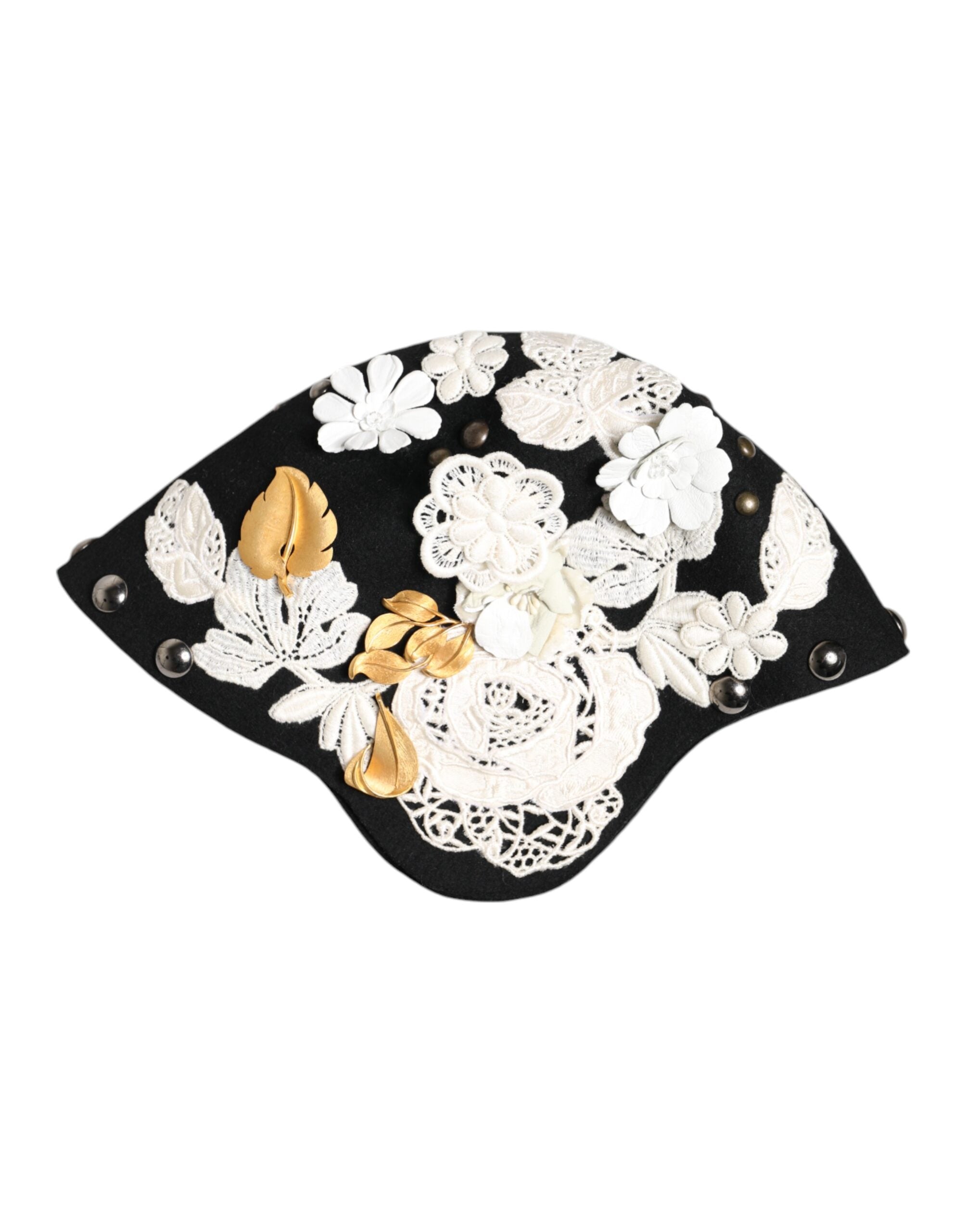 Dolce & Gabbana Black Wool White Floral Gold Leaf Cloche Hat-6