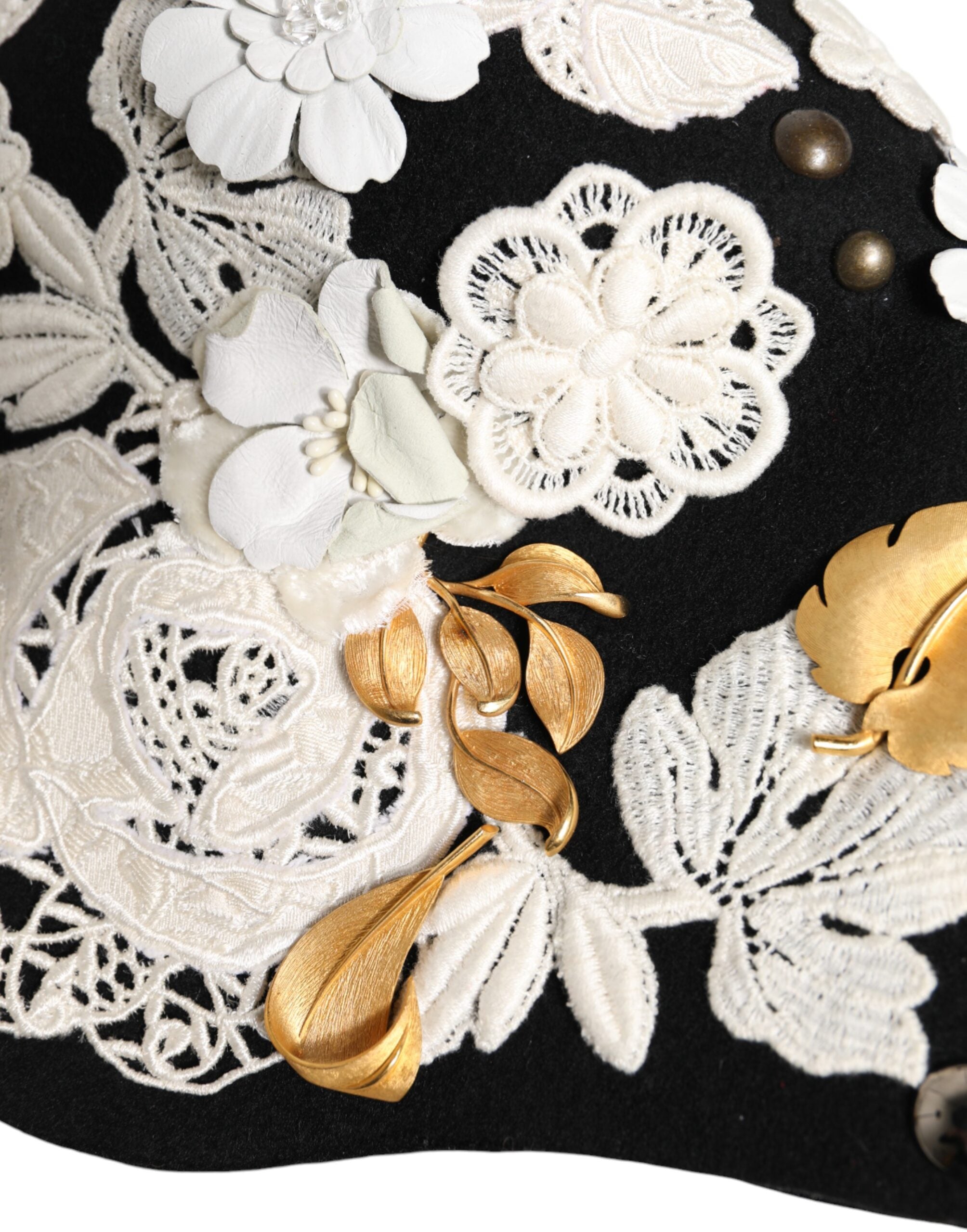 Dolce & Gabbana Black Wool White Floral Gold Leaf Cloche Hat-7