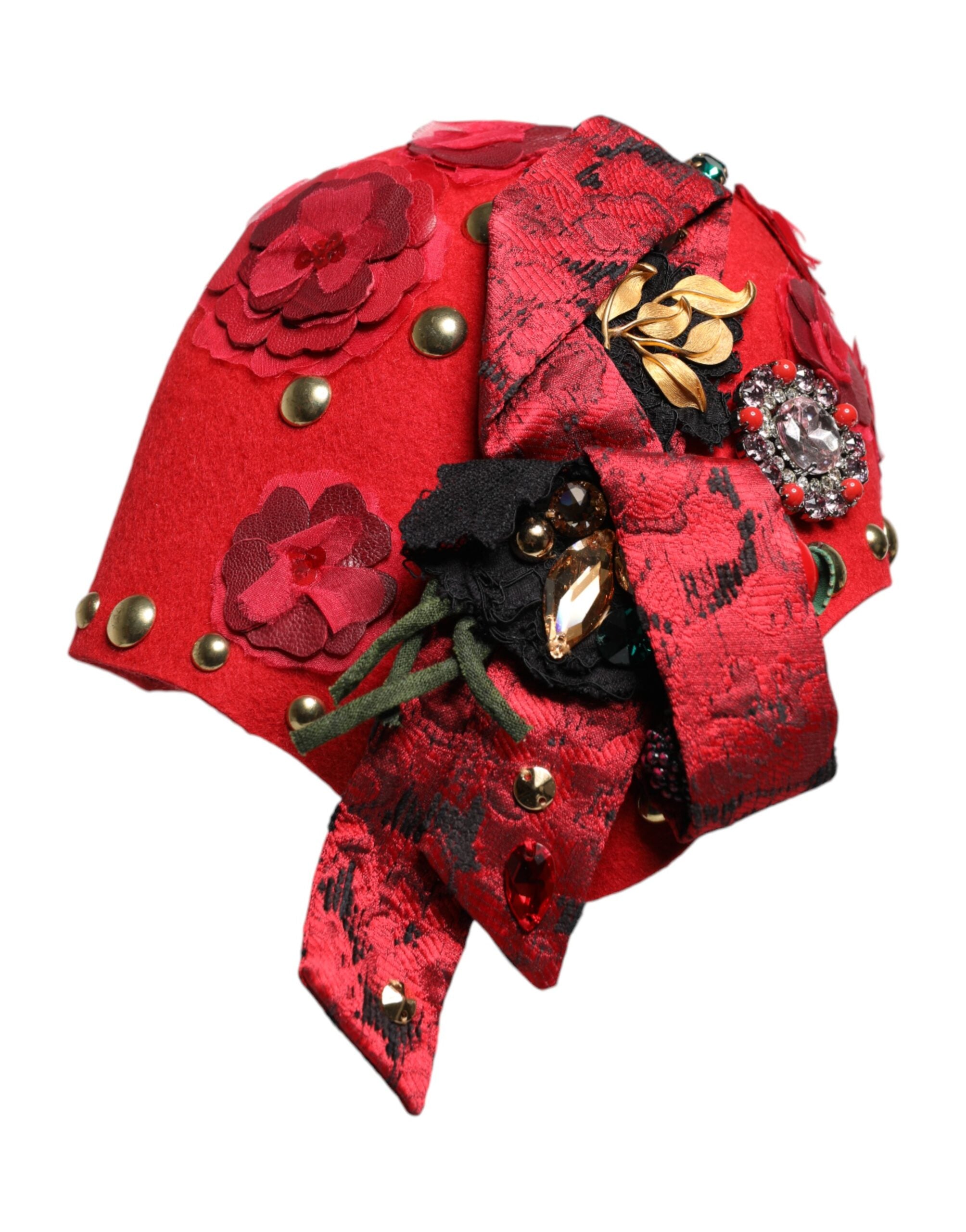 Dolce & Gabbana Red Crystal Gold Rose Brooch Embellishes Hat-3