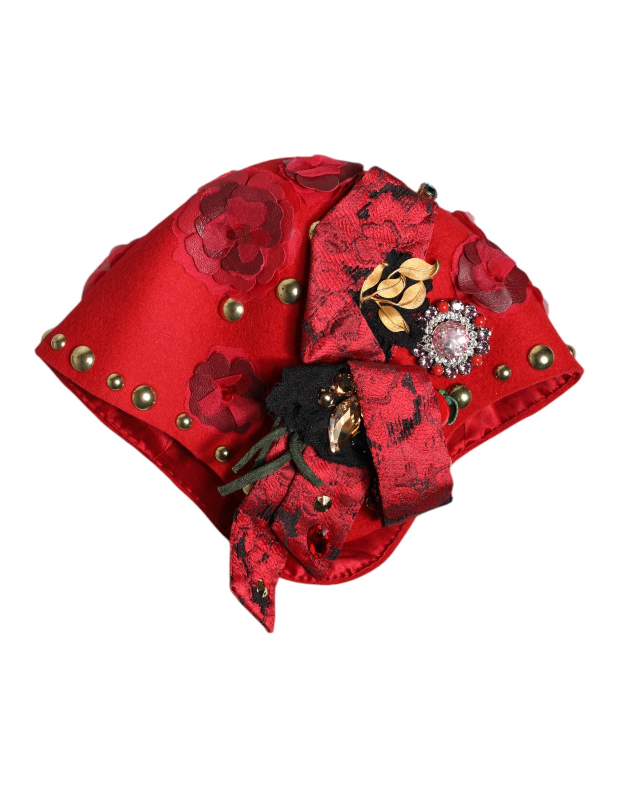 Dolce & Gabbana Red Crystal Gold Rose Brooch Embellishes Hat-5