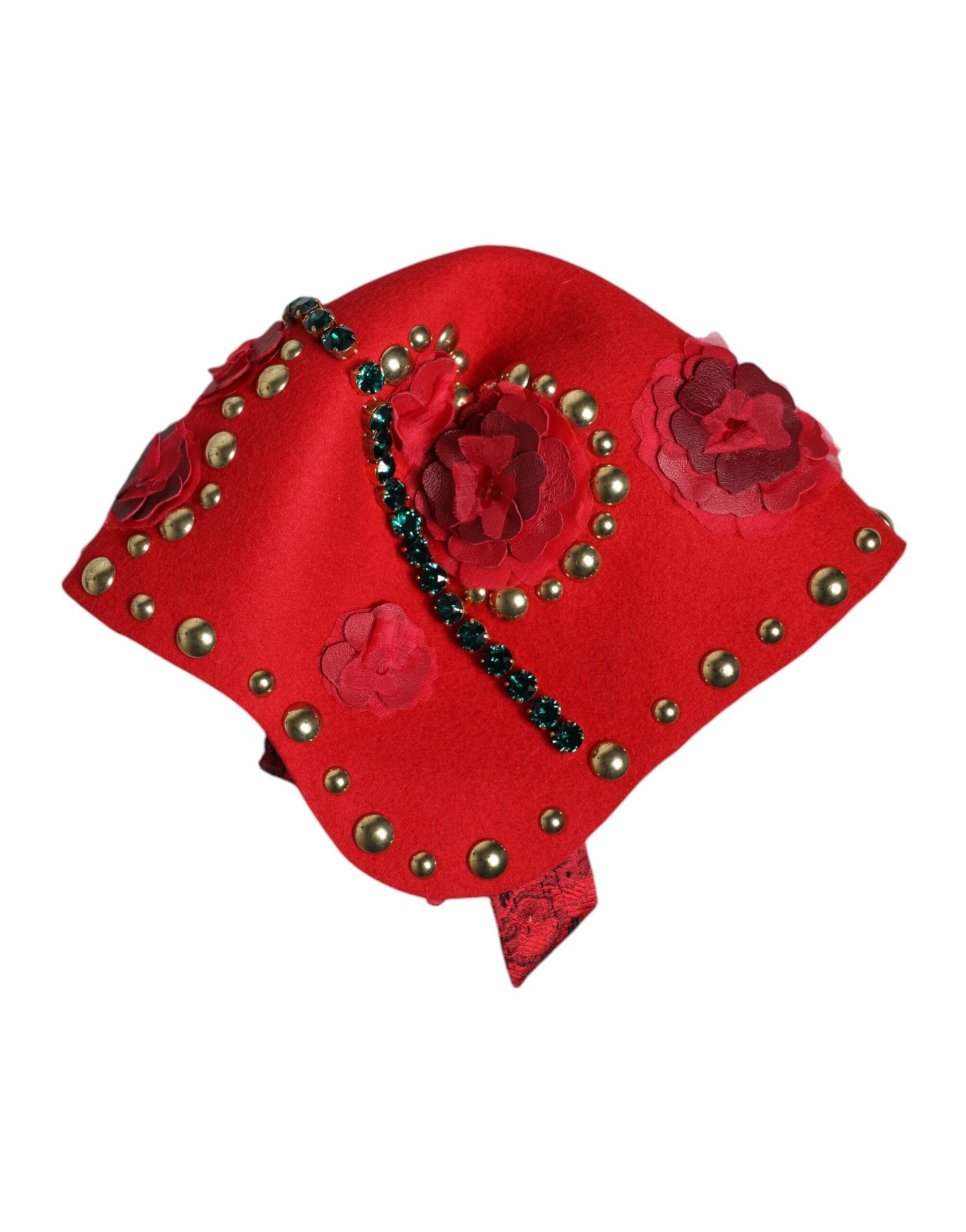 Dolce & Gabbana Red Crystal Gold Rose Brooch Embellishes Hat-6