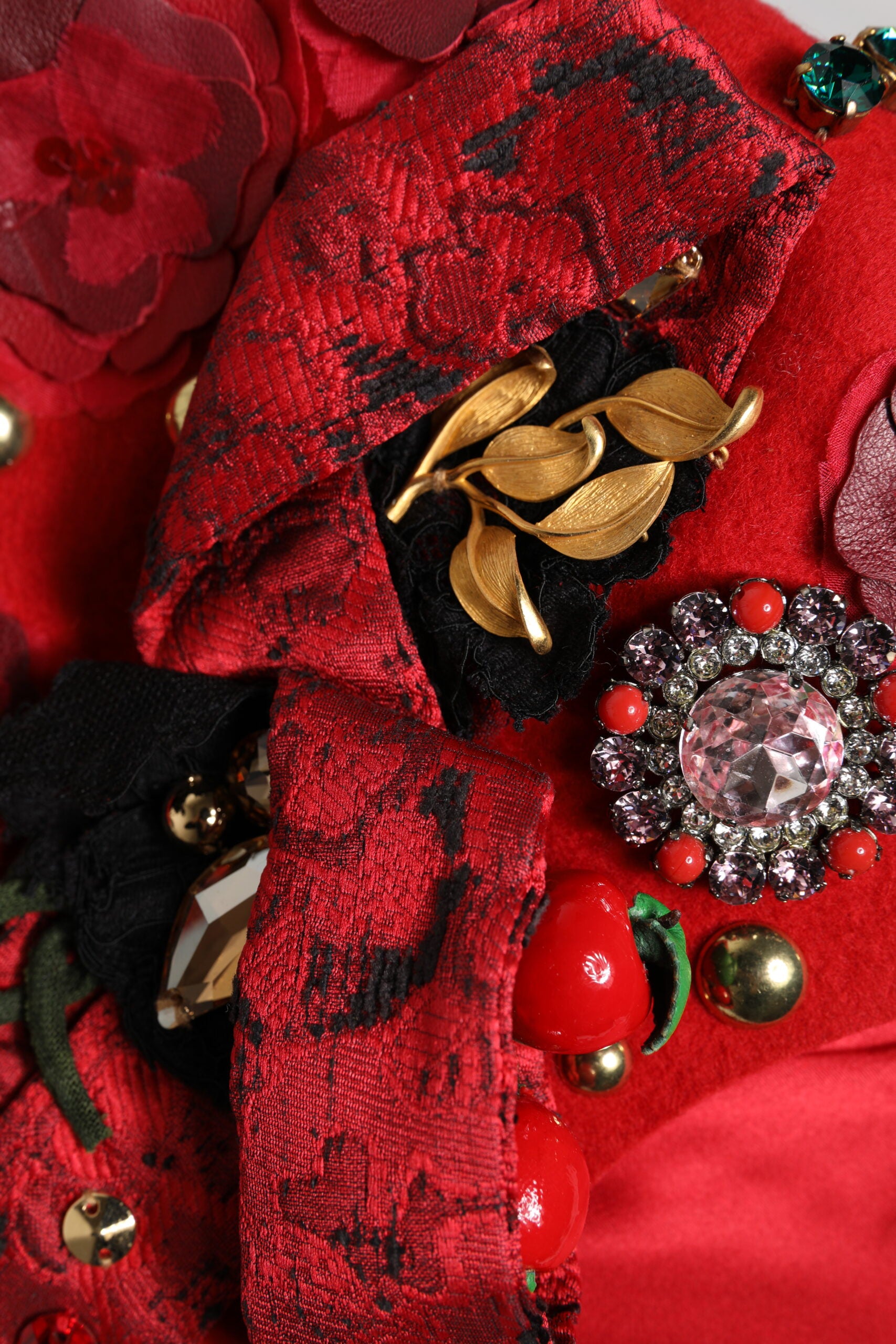 Dolce & Gabbana Red Crystal Gold Rose Brooch Embellishes Hat-7
