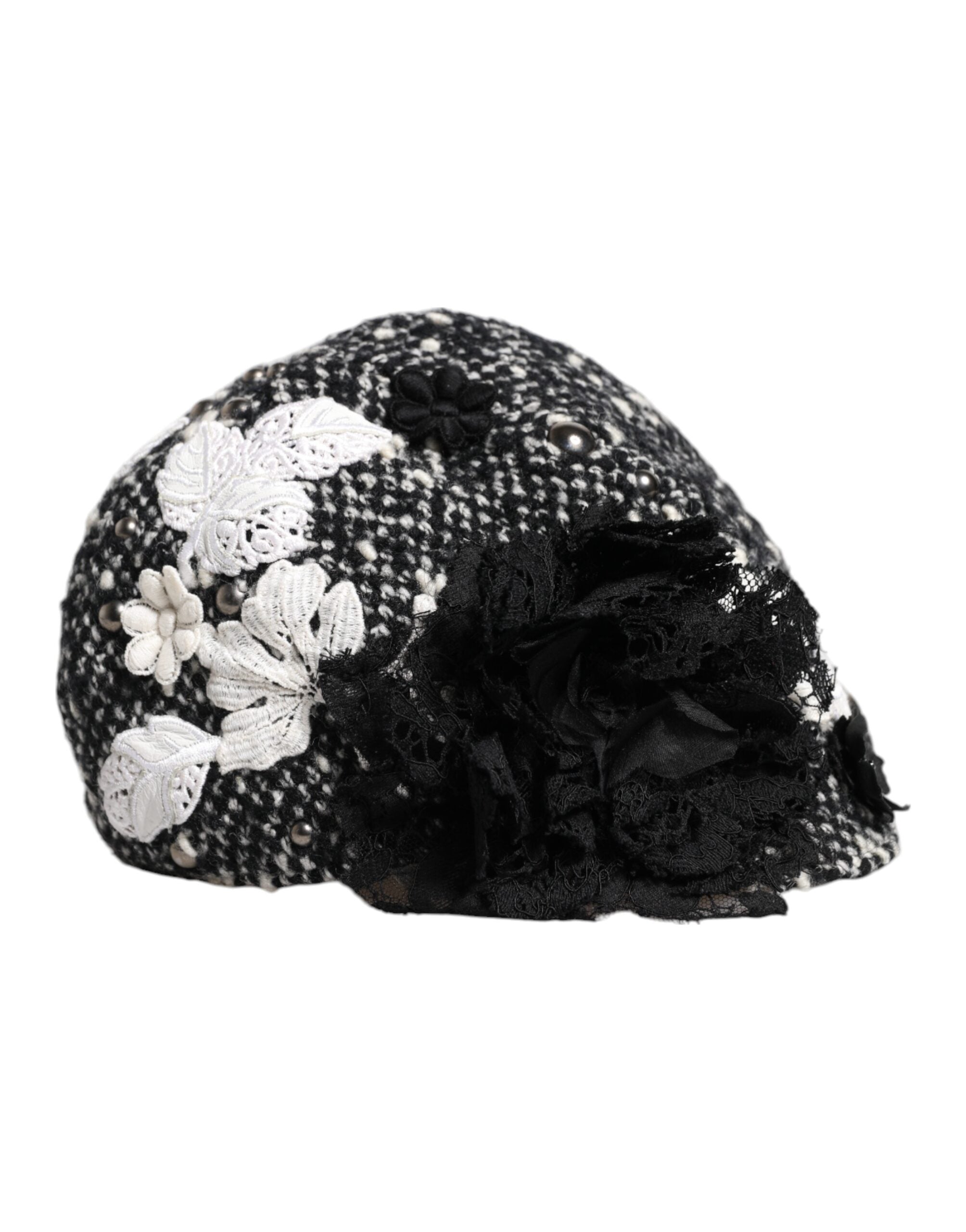 Dolce & Gabbana cloche hat in black wool with white floral trim-3