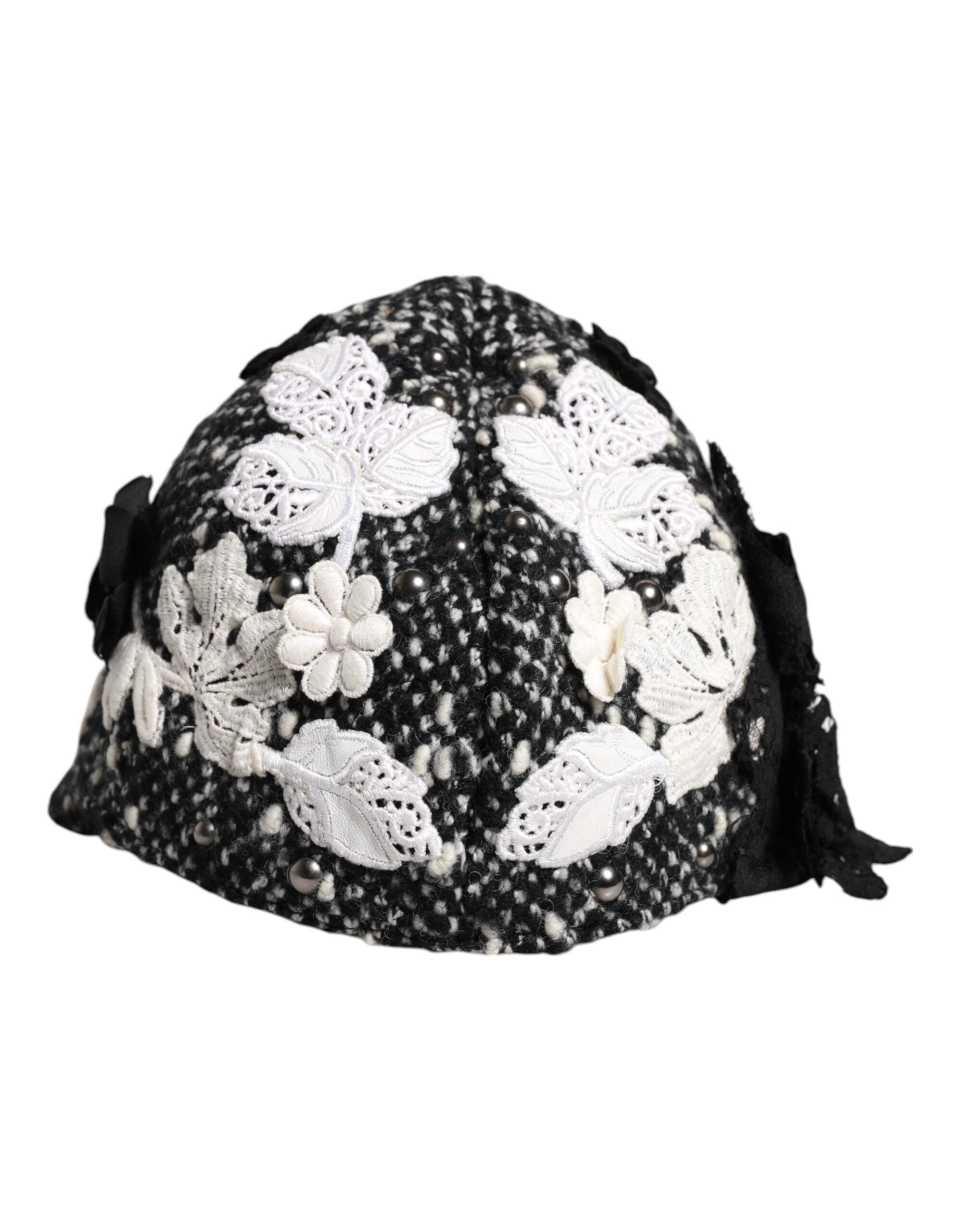 Dolce & Gabbana cloche hat in black wool with white floral trim-2