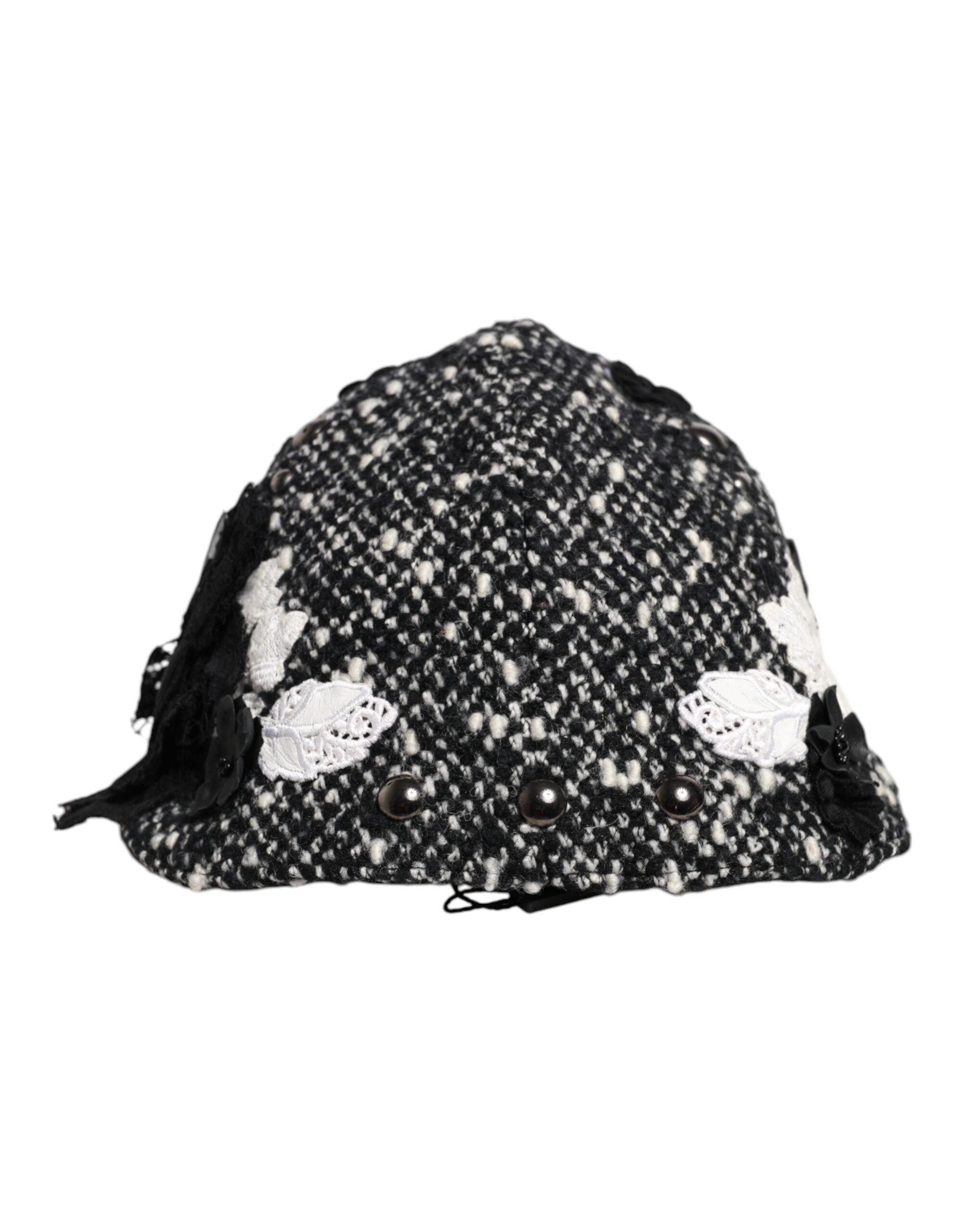 Dolce & Gabbana cloche hat in black wool with white floral trim-4