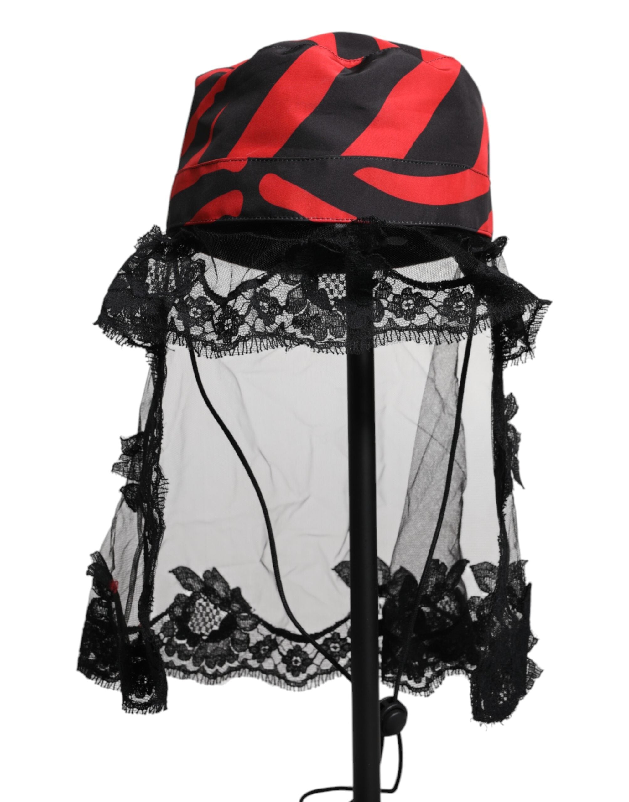 Dolce & Gabbana Black and Red Striped Lace Tulle Bucket Hat-2