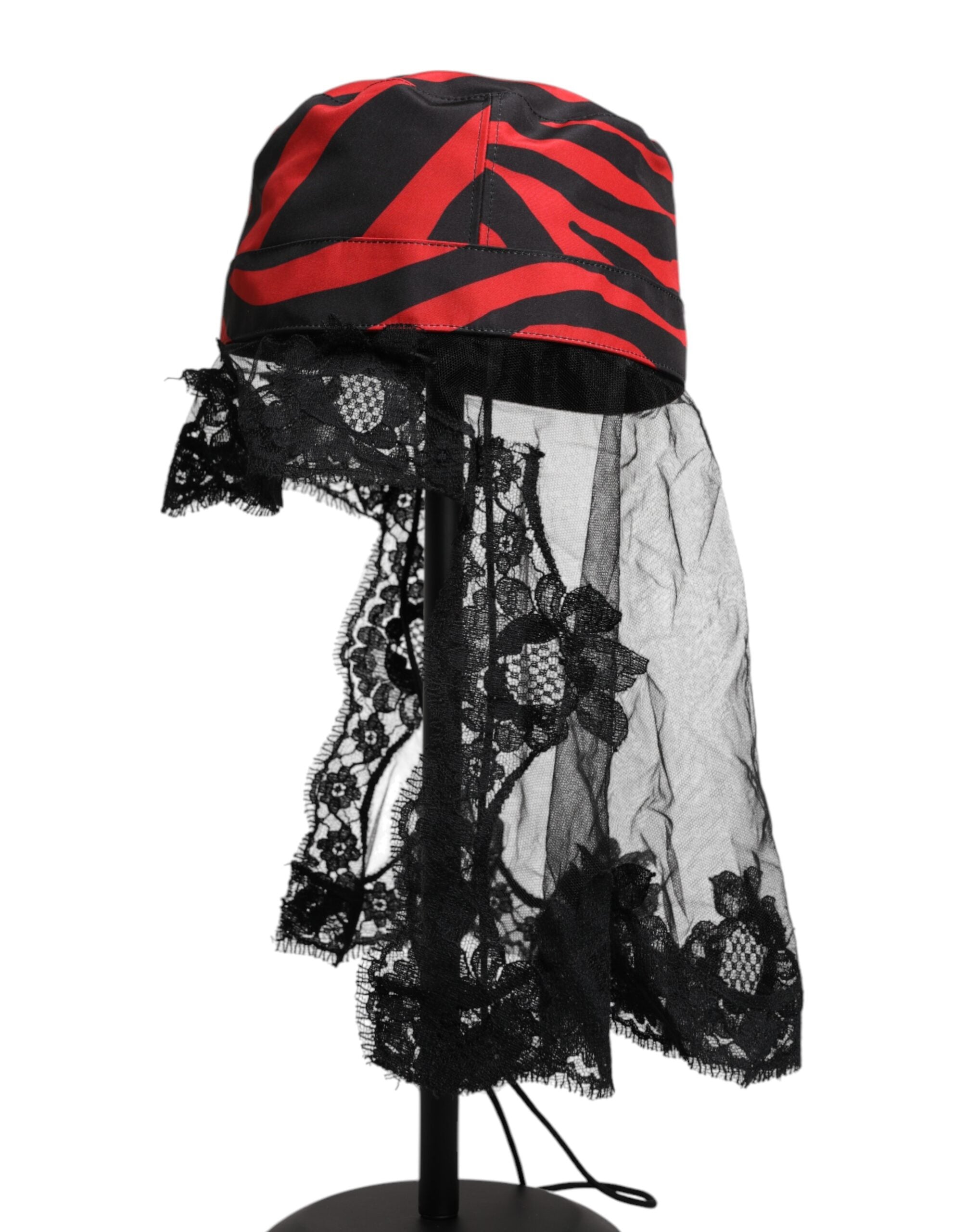Dolce & Gabbana Black and Red Striped Lace Tulle Bucket Hat-3