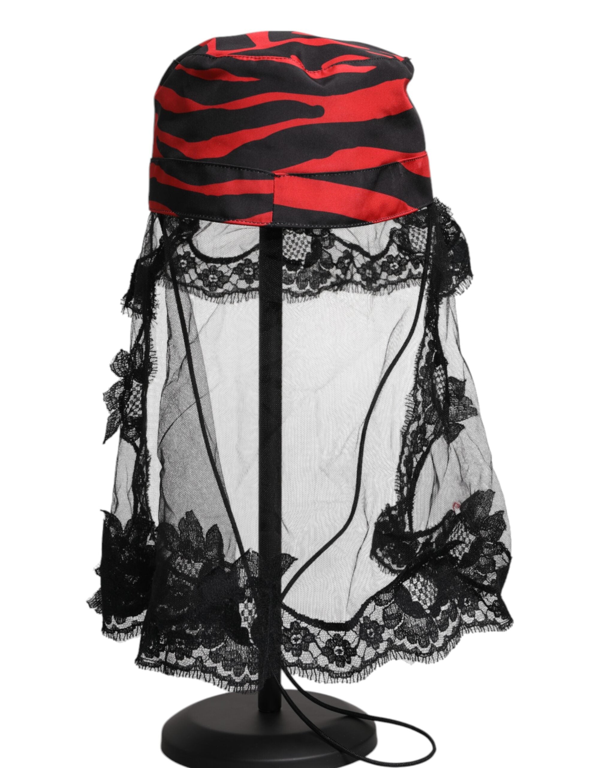 Dolce & Gabbana Black and Red Striped Lace Tulle Bucket Hat-4