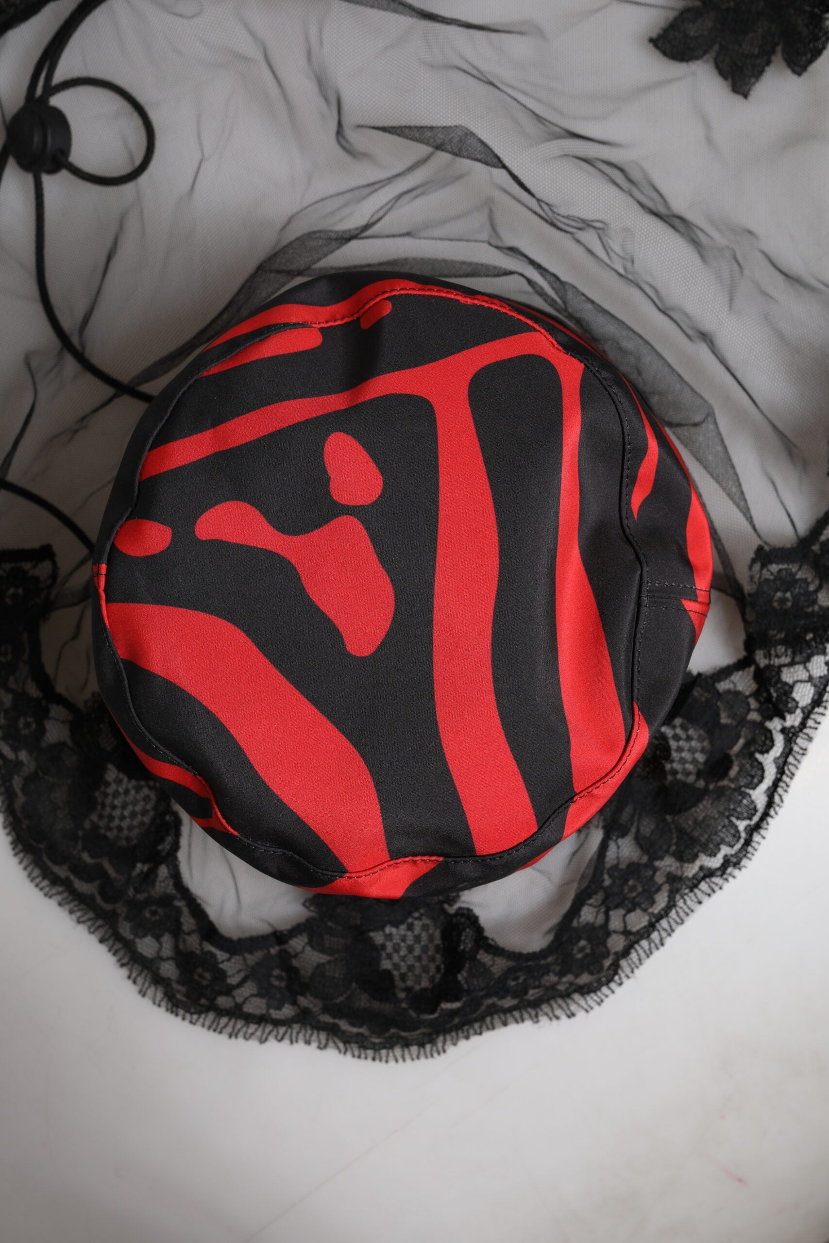 Dolce & Gabbana Black and Red Striped Lace Tulle Bucket Hat-5