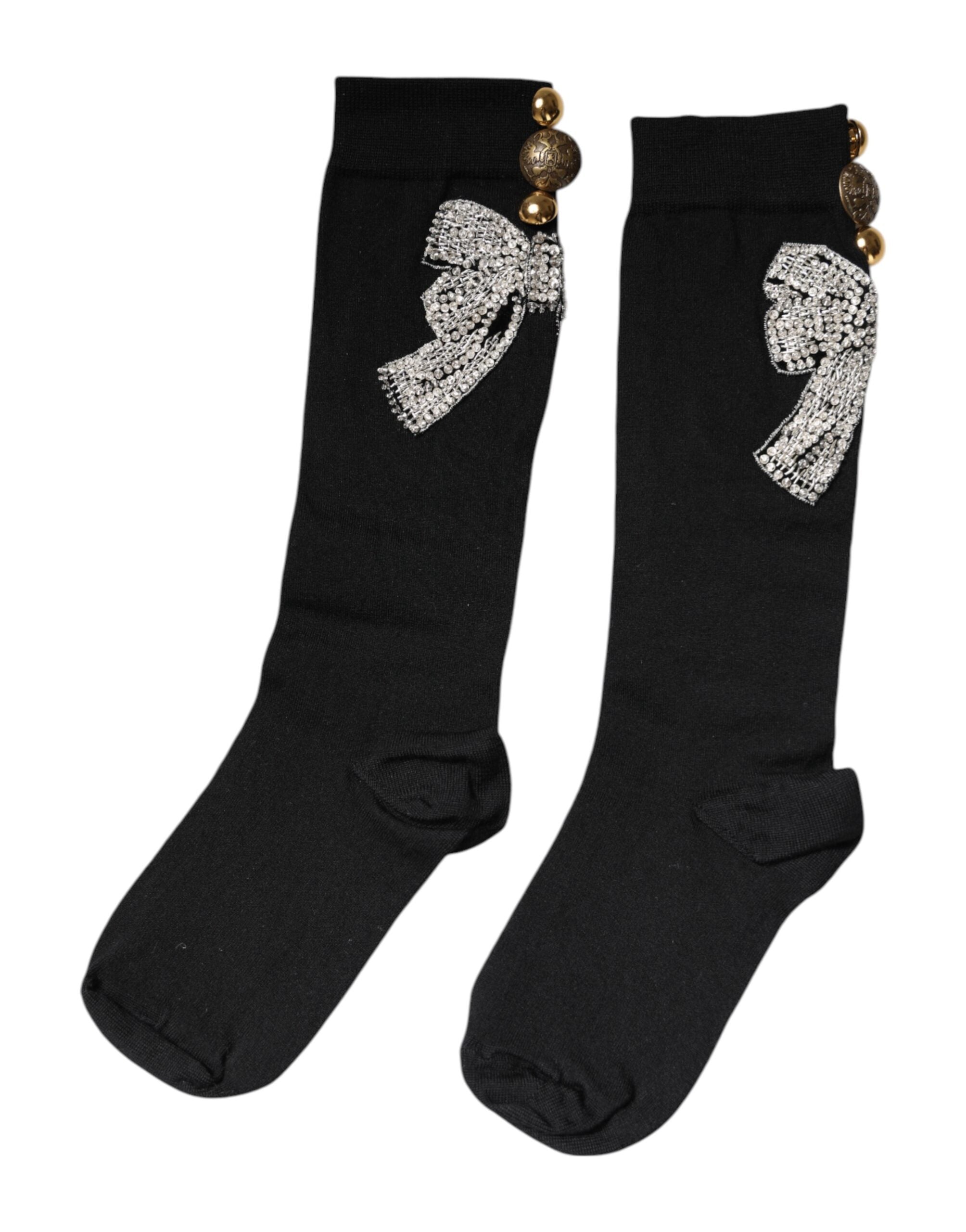 Dolce & Gabbana black knitted socks with floral crystal embellishment-3