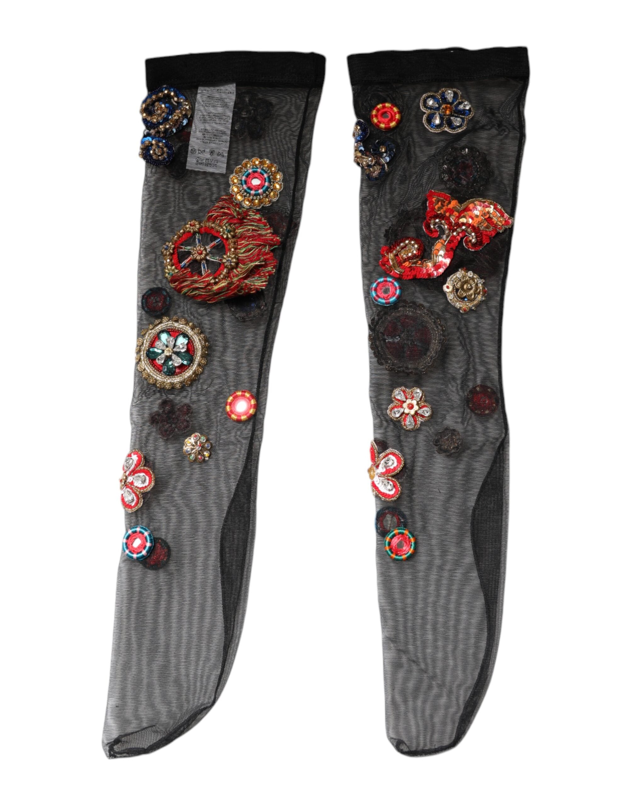 Dolce & Gabbana Schwarze Stretch Carretto Kristall Strümpfe Socken-2