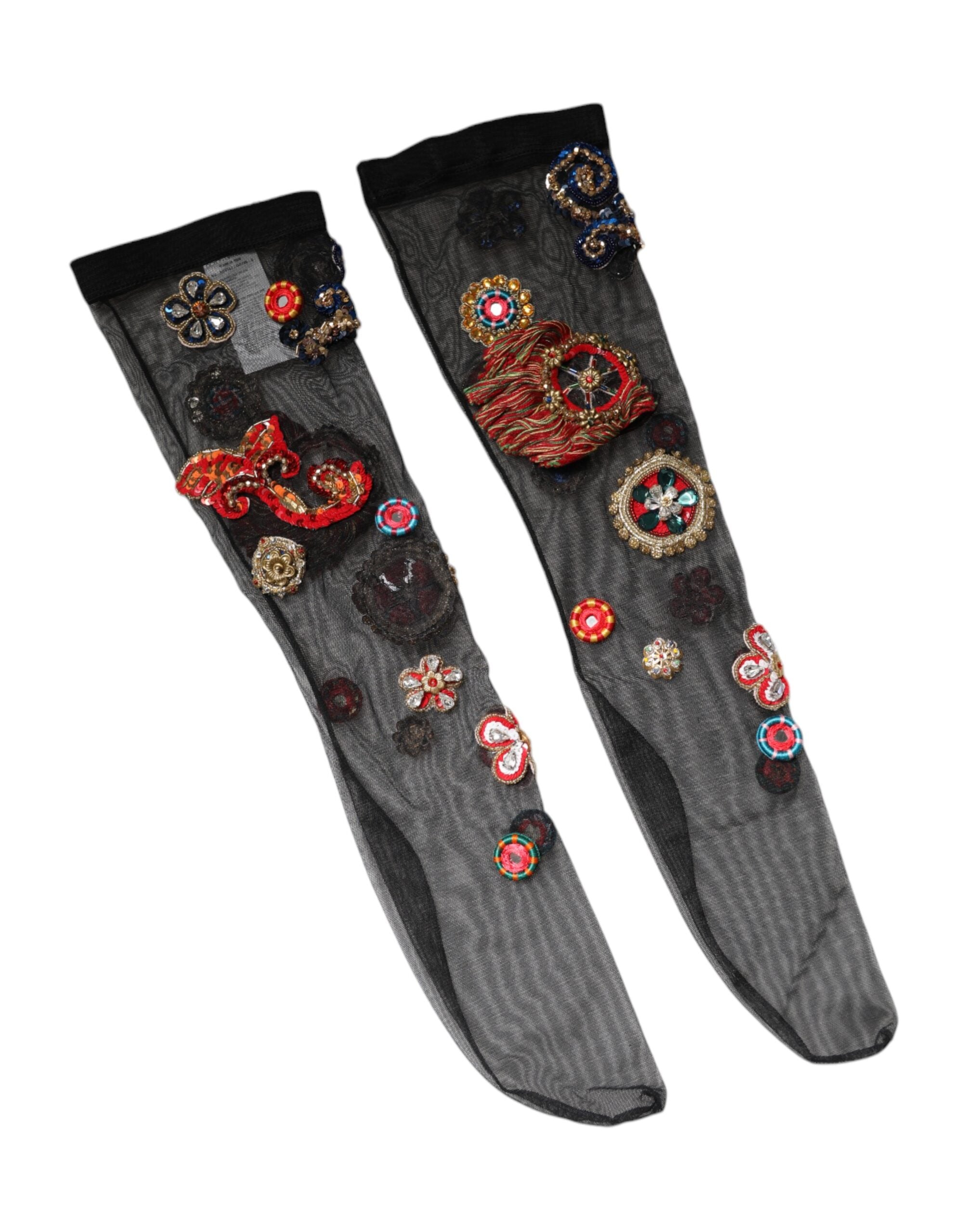 Dolce & Gabbana Schwarze Stretch Carretto Kristall Strümpfe Socken-3