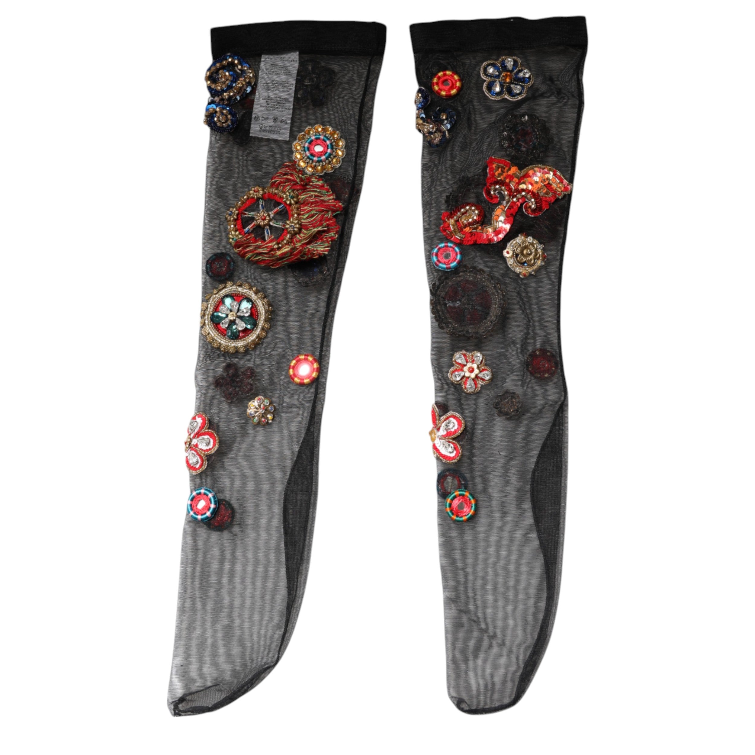 Dolce & Gabbana Schwarze Stretch Carretto Kristall Strümpfe Socken-5