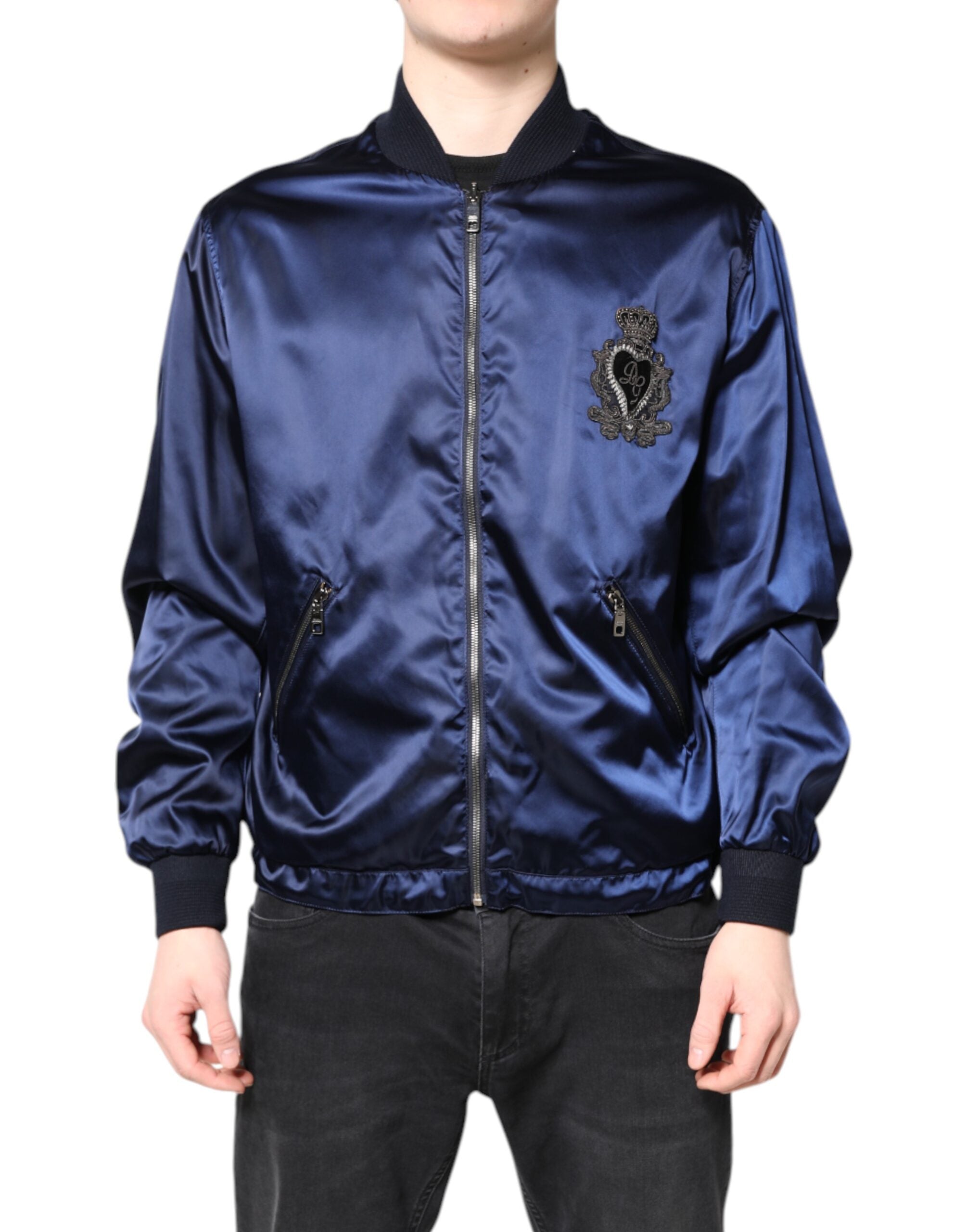 Dolce & Gabbana Blue Nylon DG Crown Bomber Jacket with Full Zip