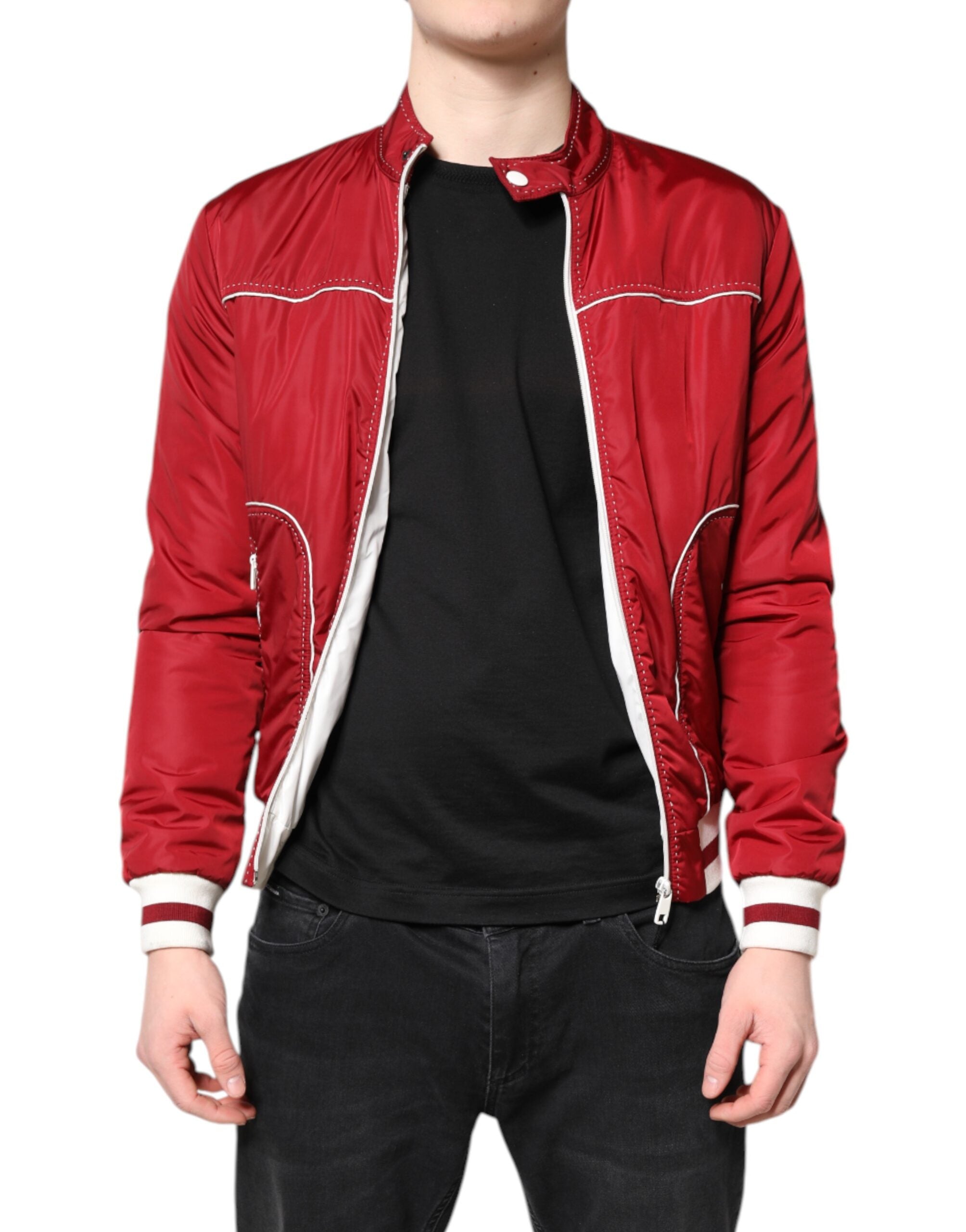Dolce & Gabbana Red White Nylon Full Zip Men's Bomber Jacket-2