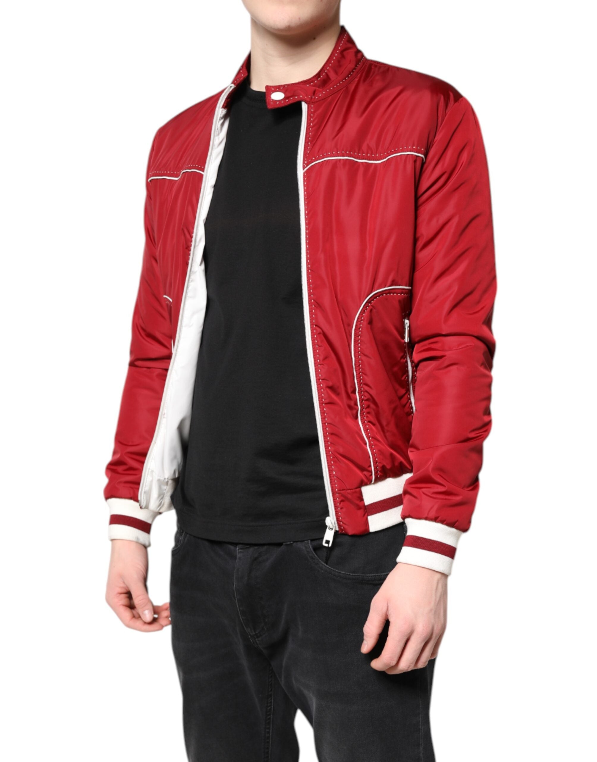 Dolce & Gabbana Red White Nylon Full Zip Men's Bomber Jacket-3