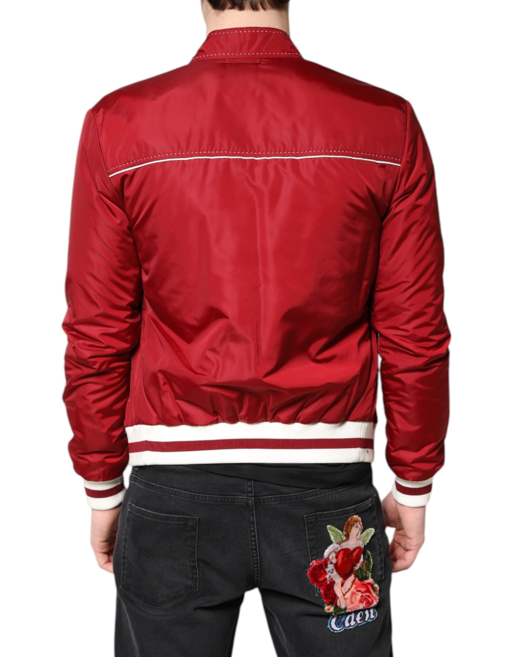 Dolce & Gabbana Red White Nylon Full Zip Men's Bomber Jacket-4