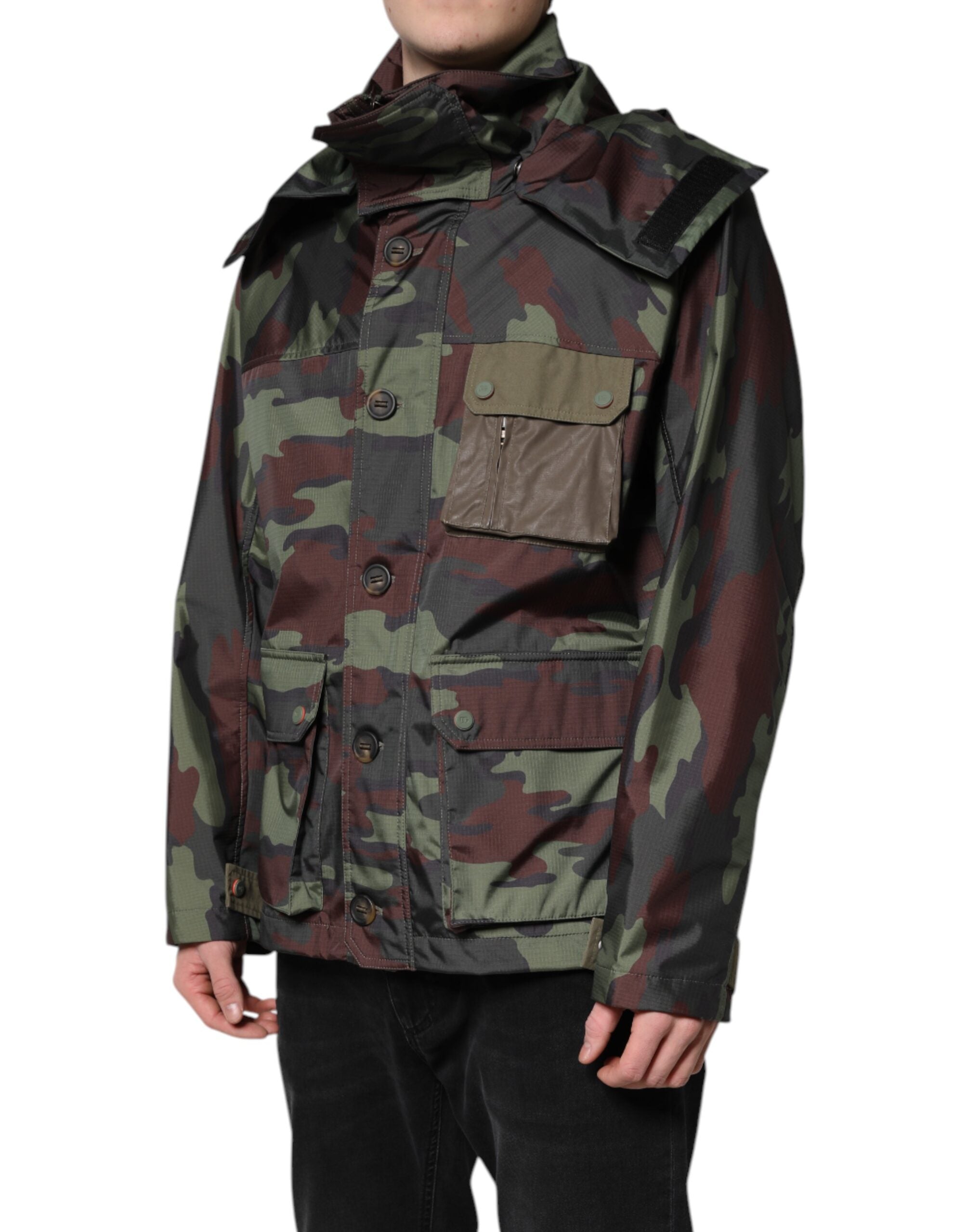 Dolce & Gabbana Multicolor Camouflage Jacket with Hood and Buttons-3