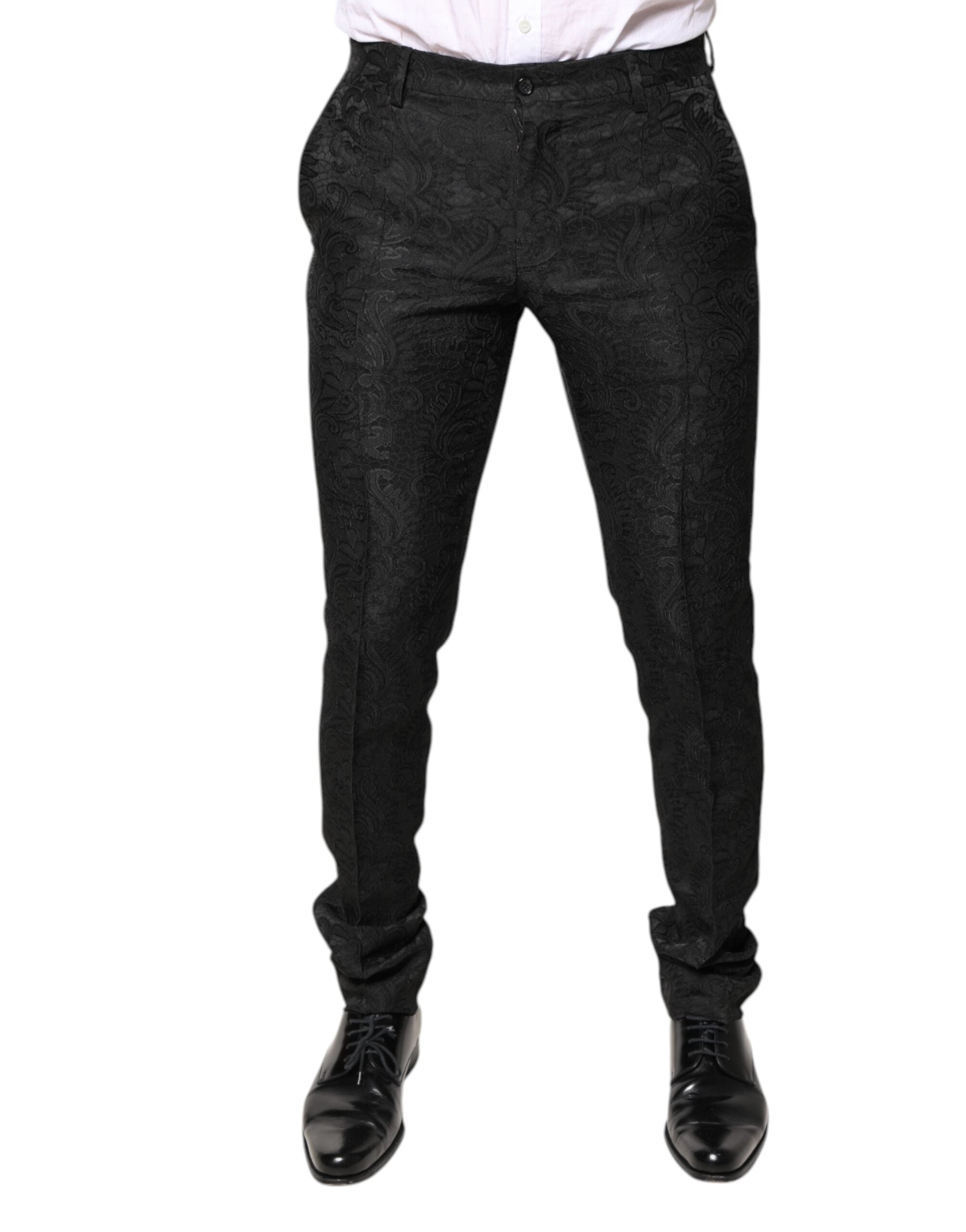 Dolce & Gabbana Black jacquard trousers with mid-waisted floral pattern-1