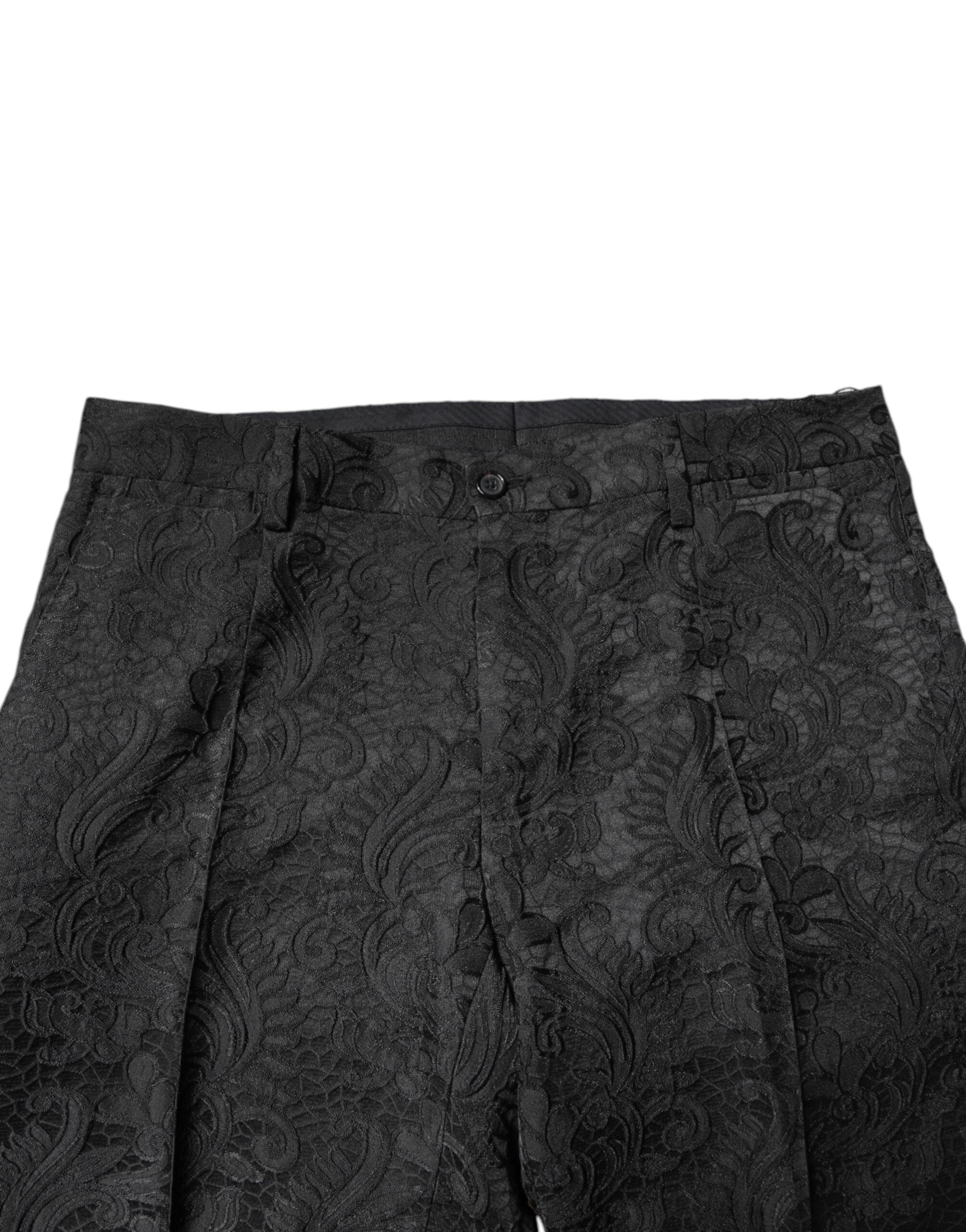 Dolce & Gabbana Black jacquard trousers with mid-waisted floral pattern-4