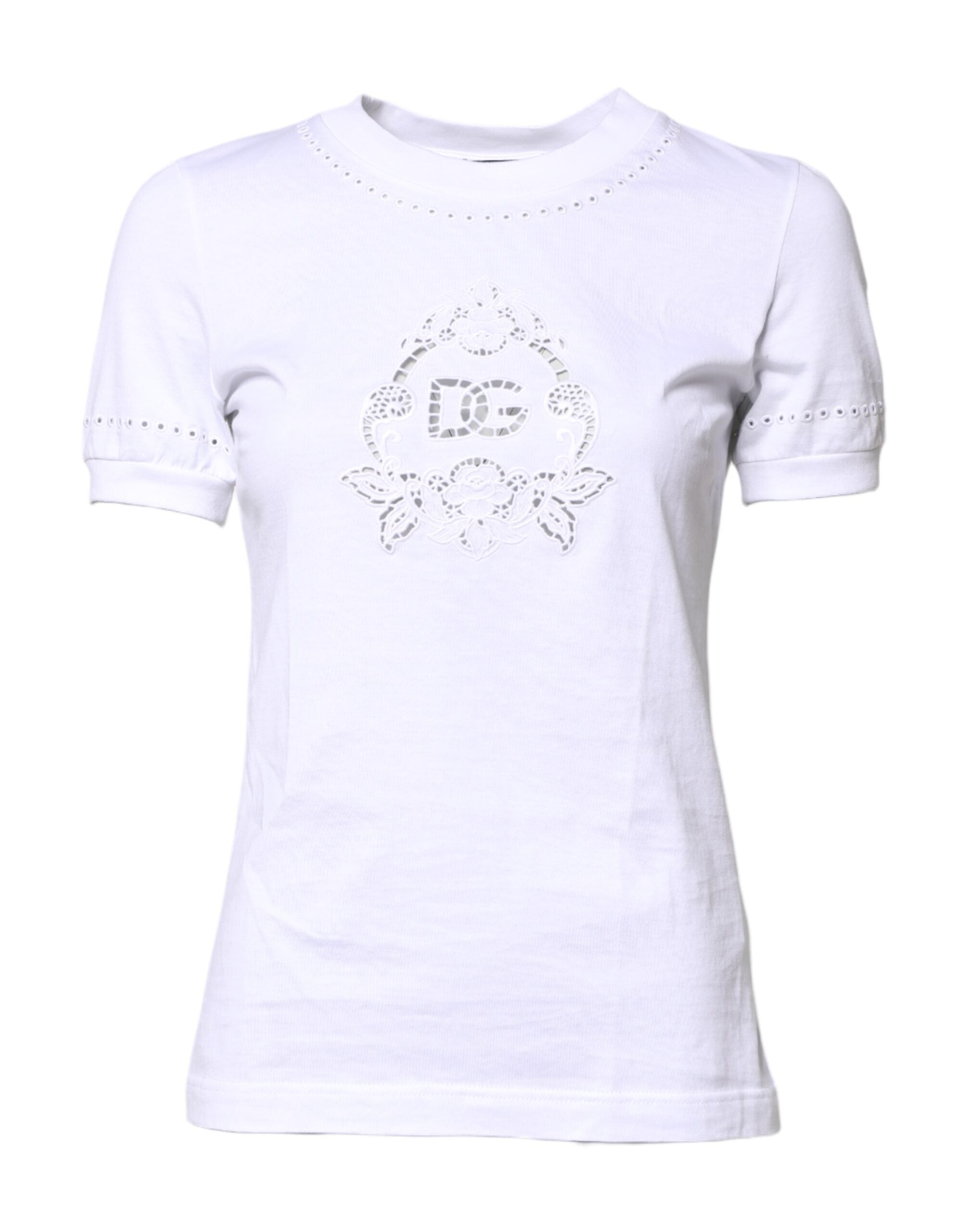 Dolce & Gabbana white cotton T-shirt with floral logo and round neck-1