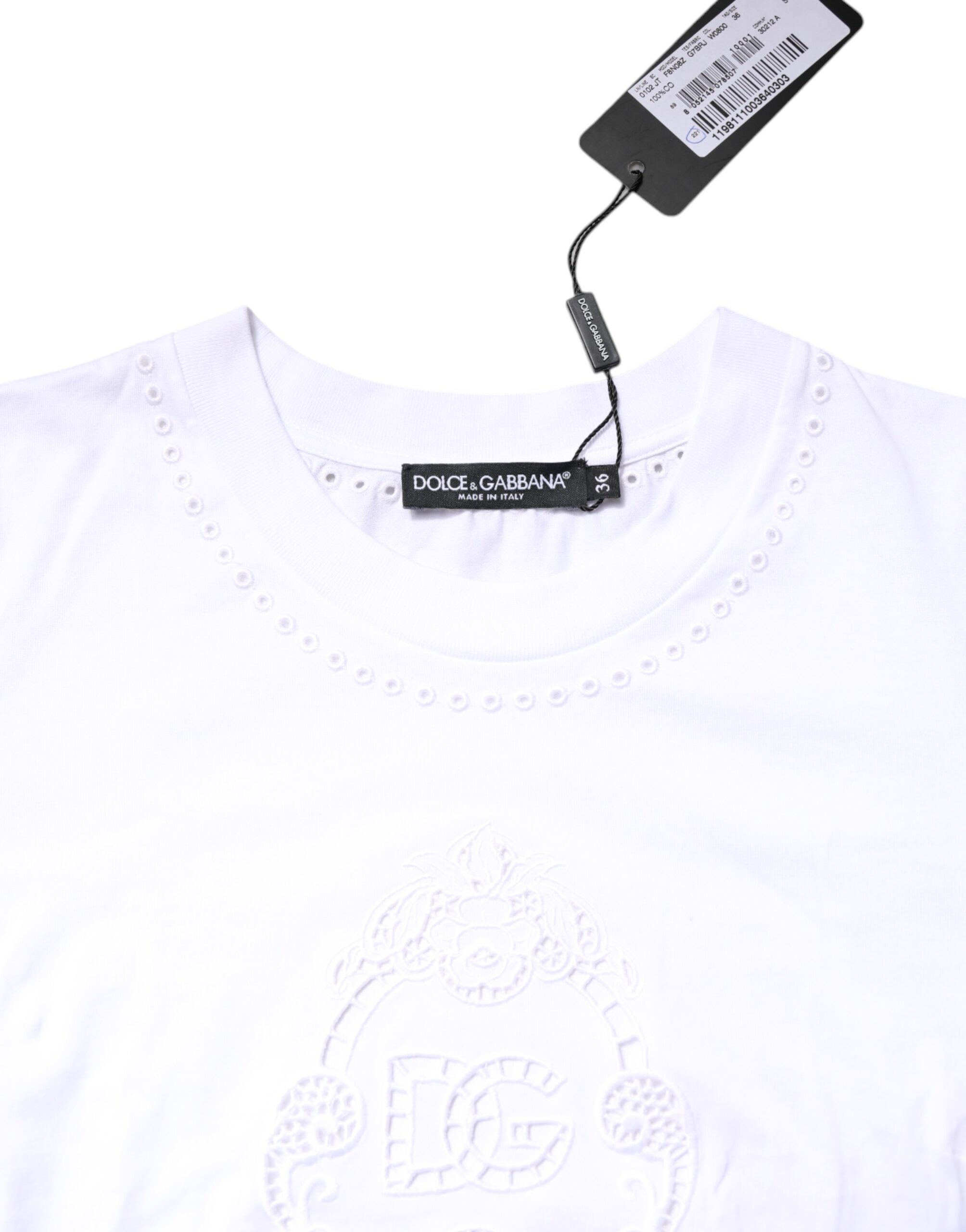 Dolce & Gabbana white cotton T-shirt with floral logo and round neck-4