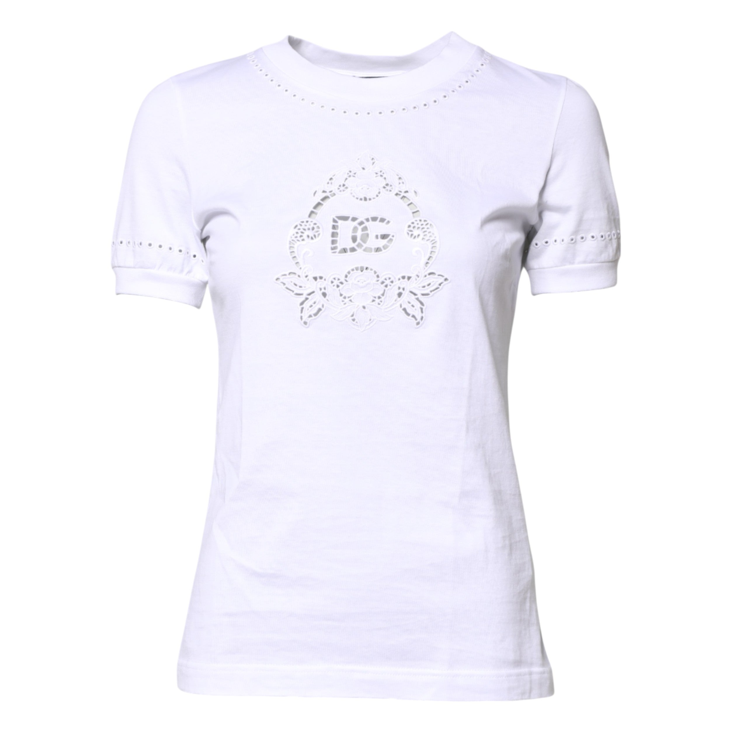 Dolce & Gabbana white cotton T-shirt with floral logo and round neck-5