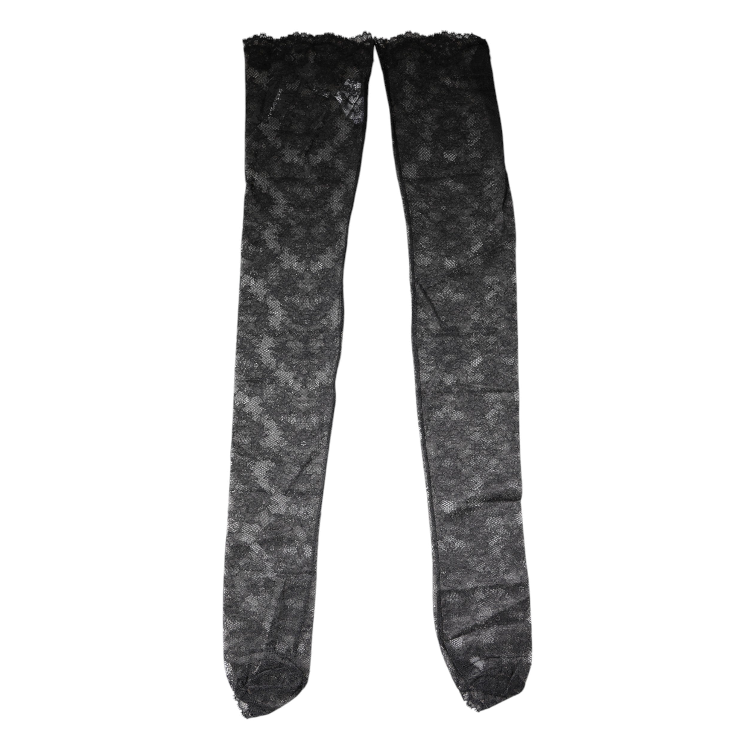 Dolce & Gabbana Black Floral Lace Cotton Stretch Stockings Socks-5