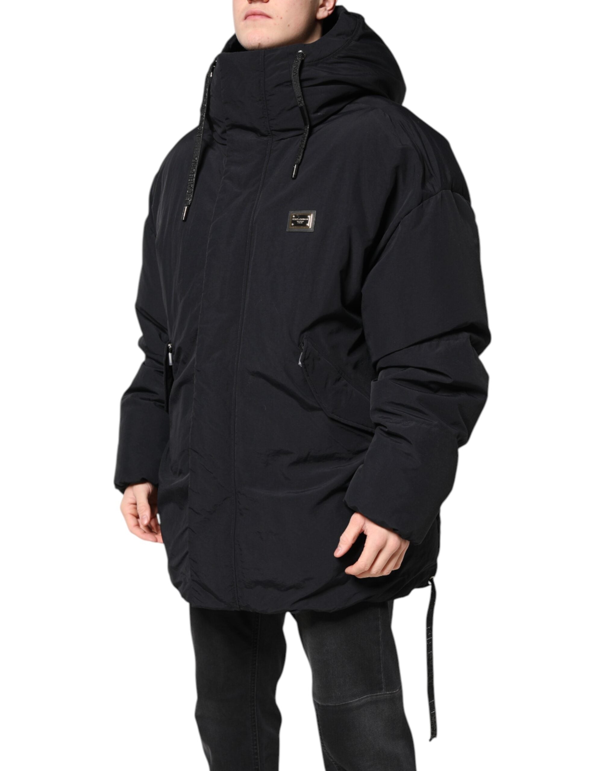 Parka de nailon negra con capucha y cremallera de Dolce & Gabbana-3