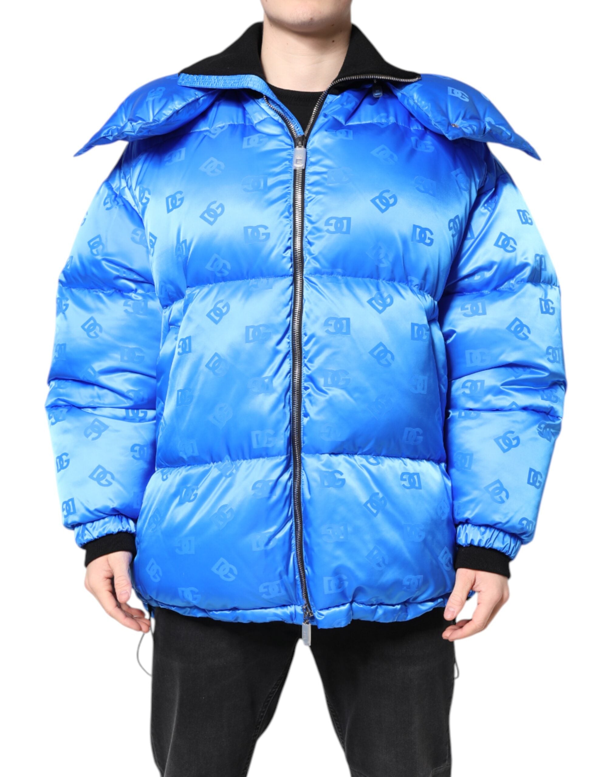 Dolce & Gabbana Blue Logo Quilted Jacket with Hood and Zipper