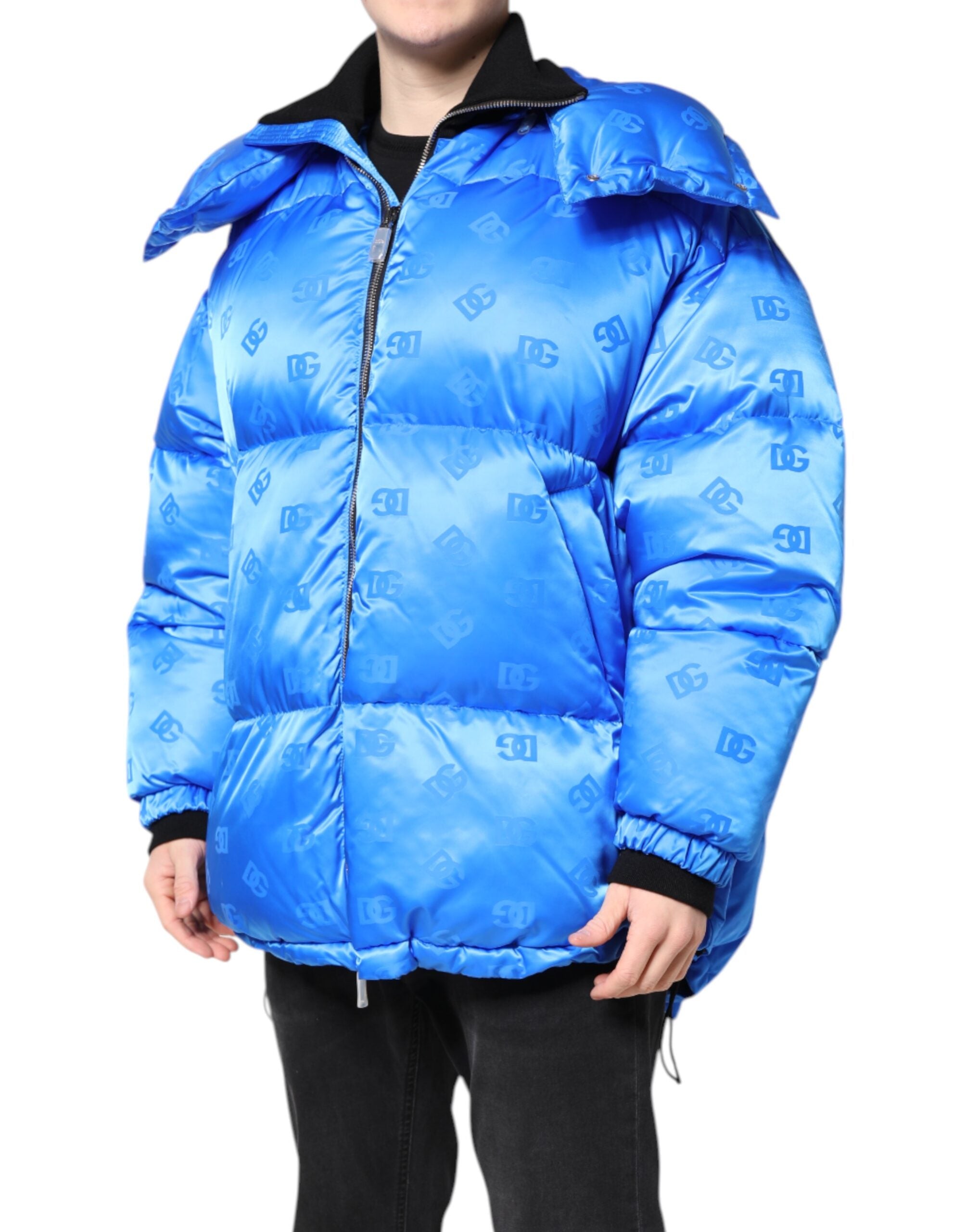 Dolce & Gabbana Blue Logo Quilted Jacket with Hood and Zipper-3