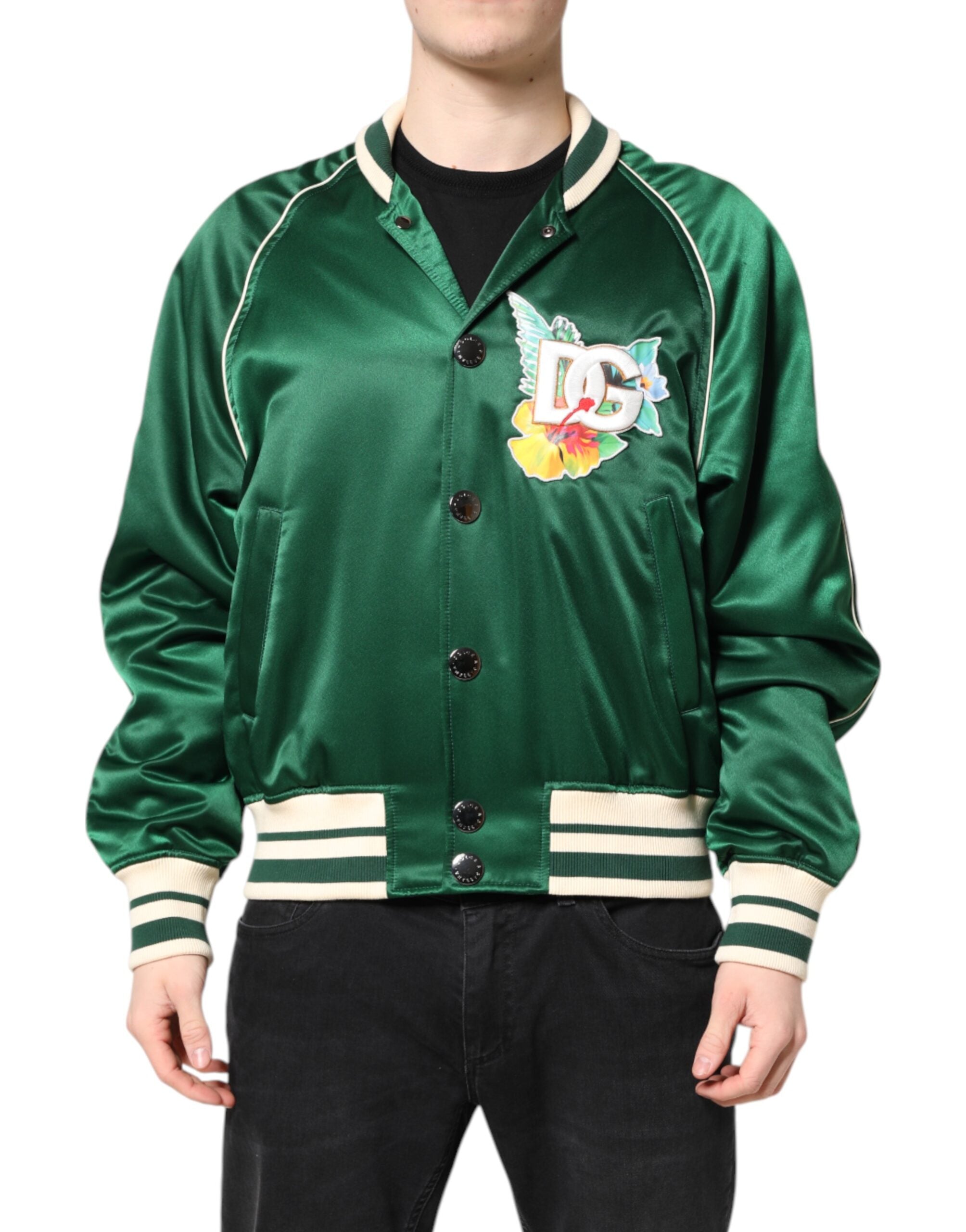 Dolce & Gabbana Grüne geblümte DG Logo Bomberjacke mit durchgehendem Reißverschluss-2