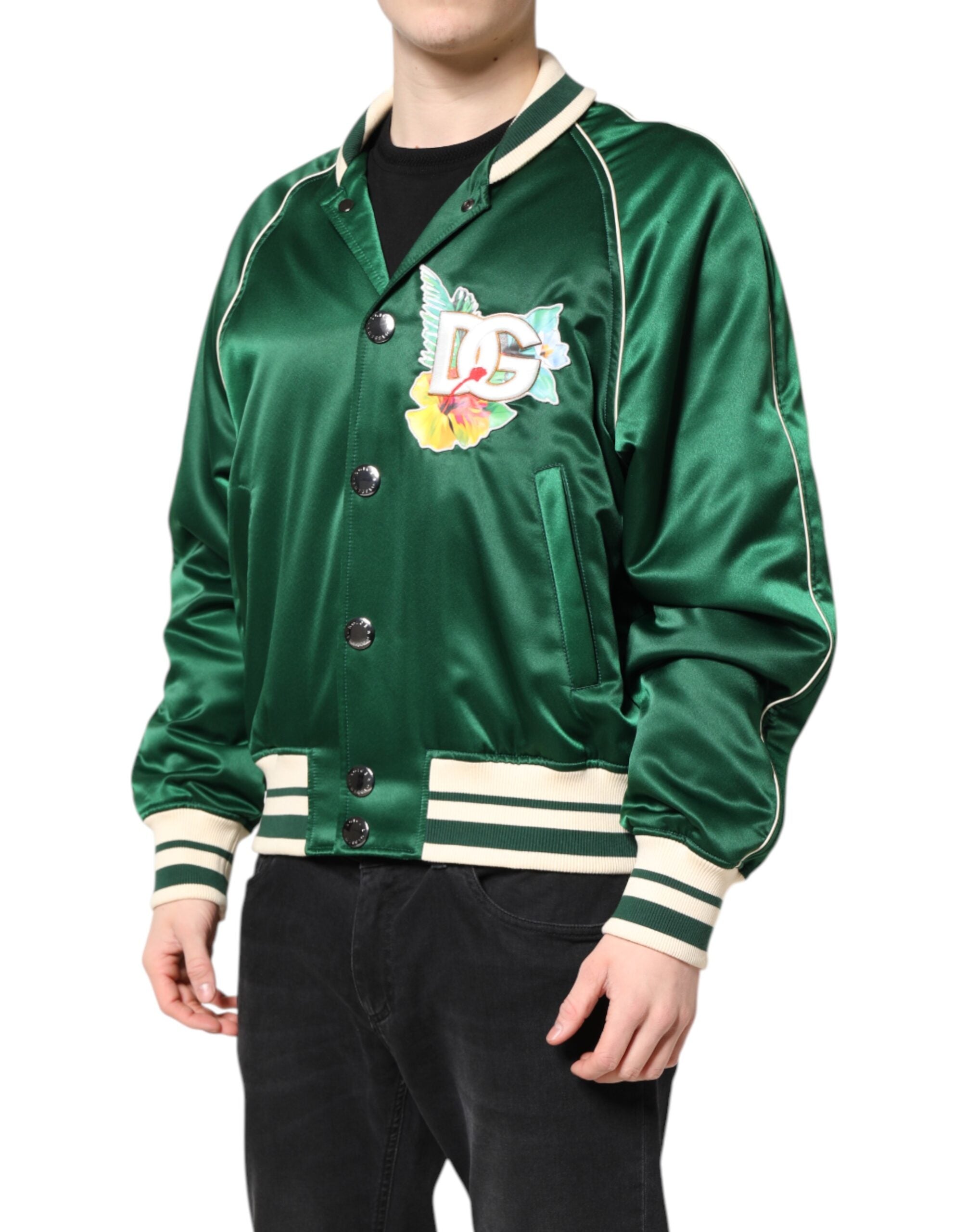 Dolce & Gabbana Grüne geblümte DG Logo Bomberjacke mit durchgehendem Reißverschluss-3