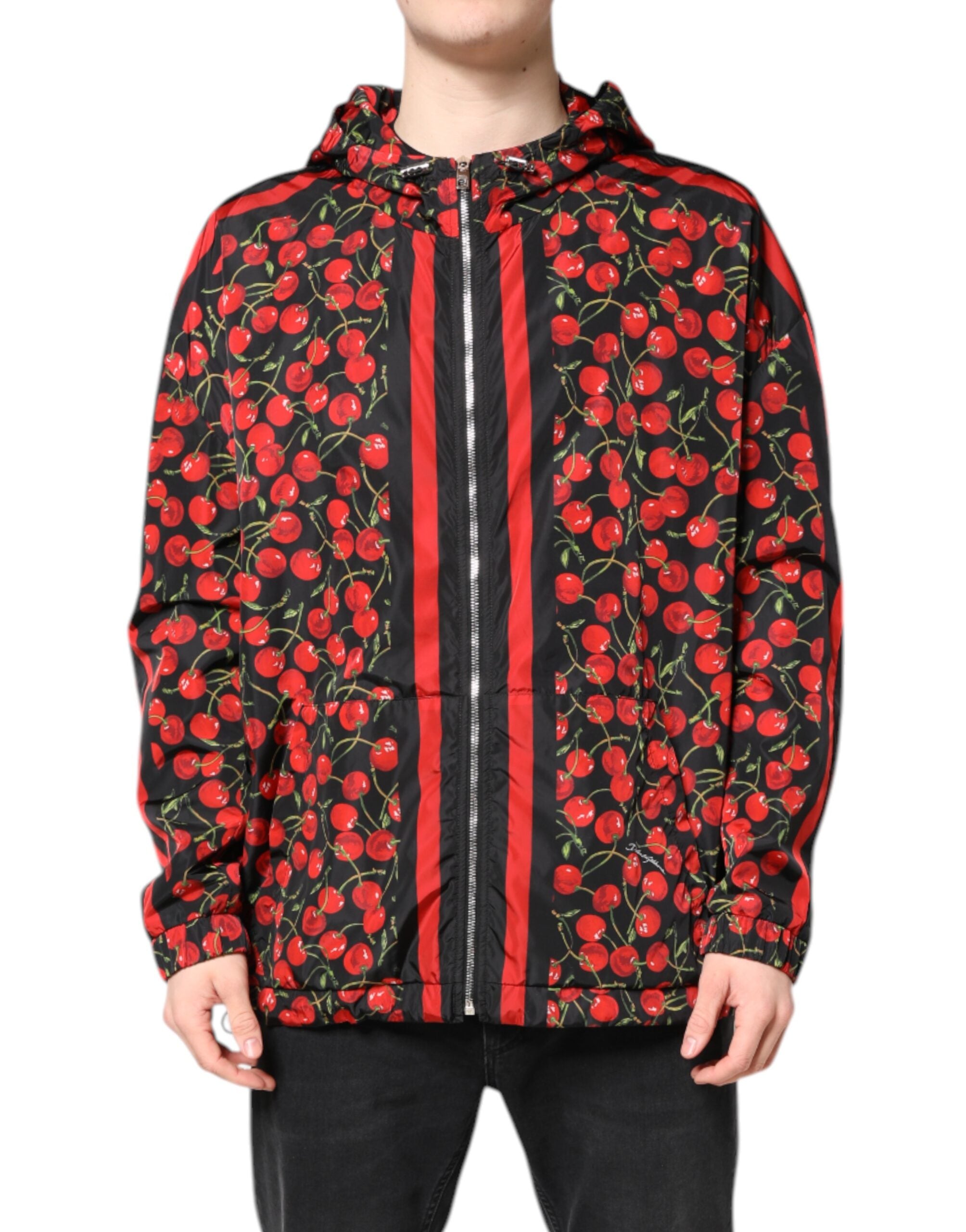 Dolce & Gabbana black hooded windbreaker jacket with cherry pattern