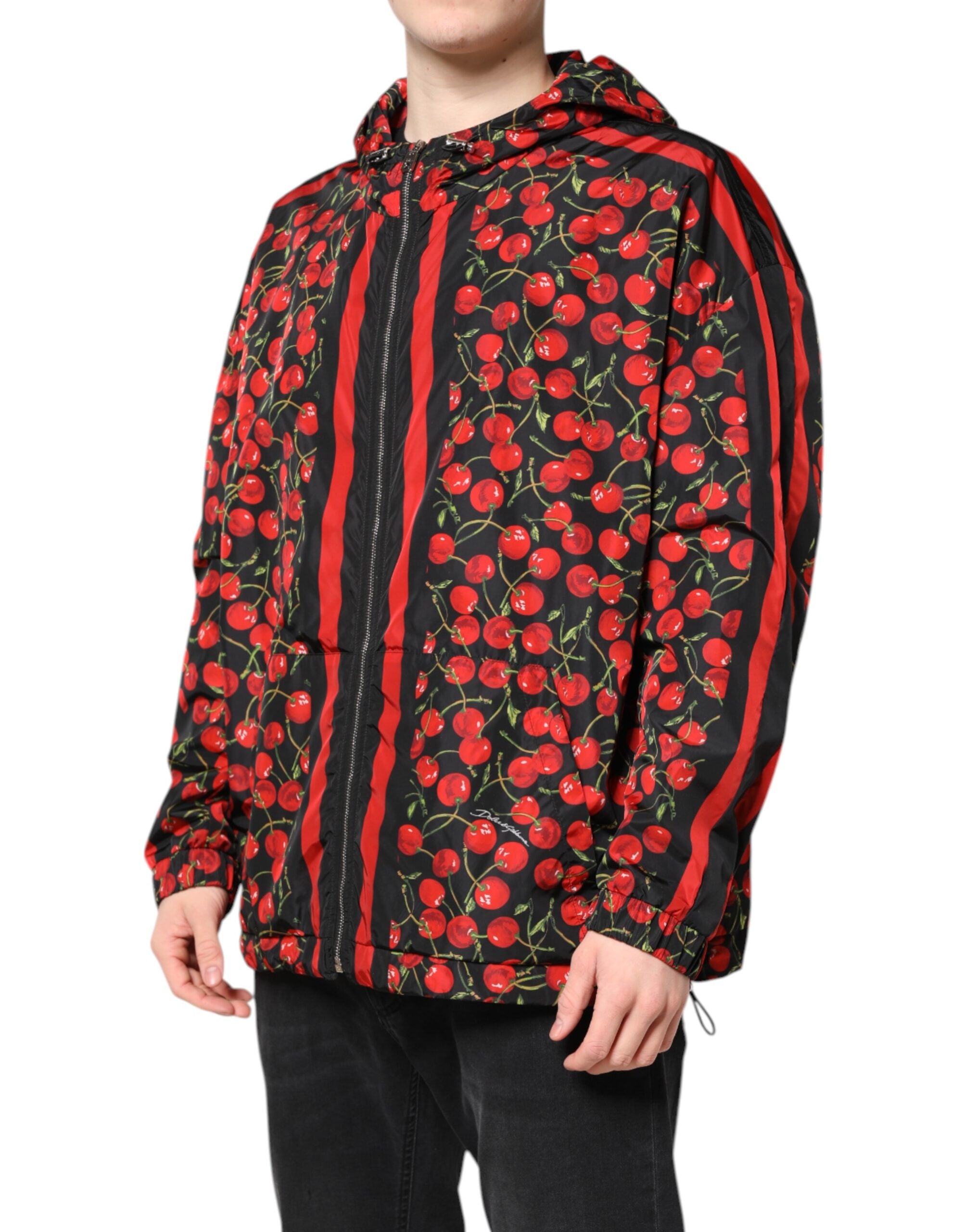 Dolce & Gabbana black hooded windbreaker jacket with cherry pattern-3