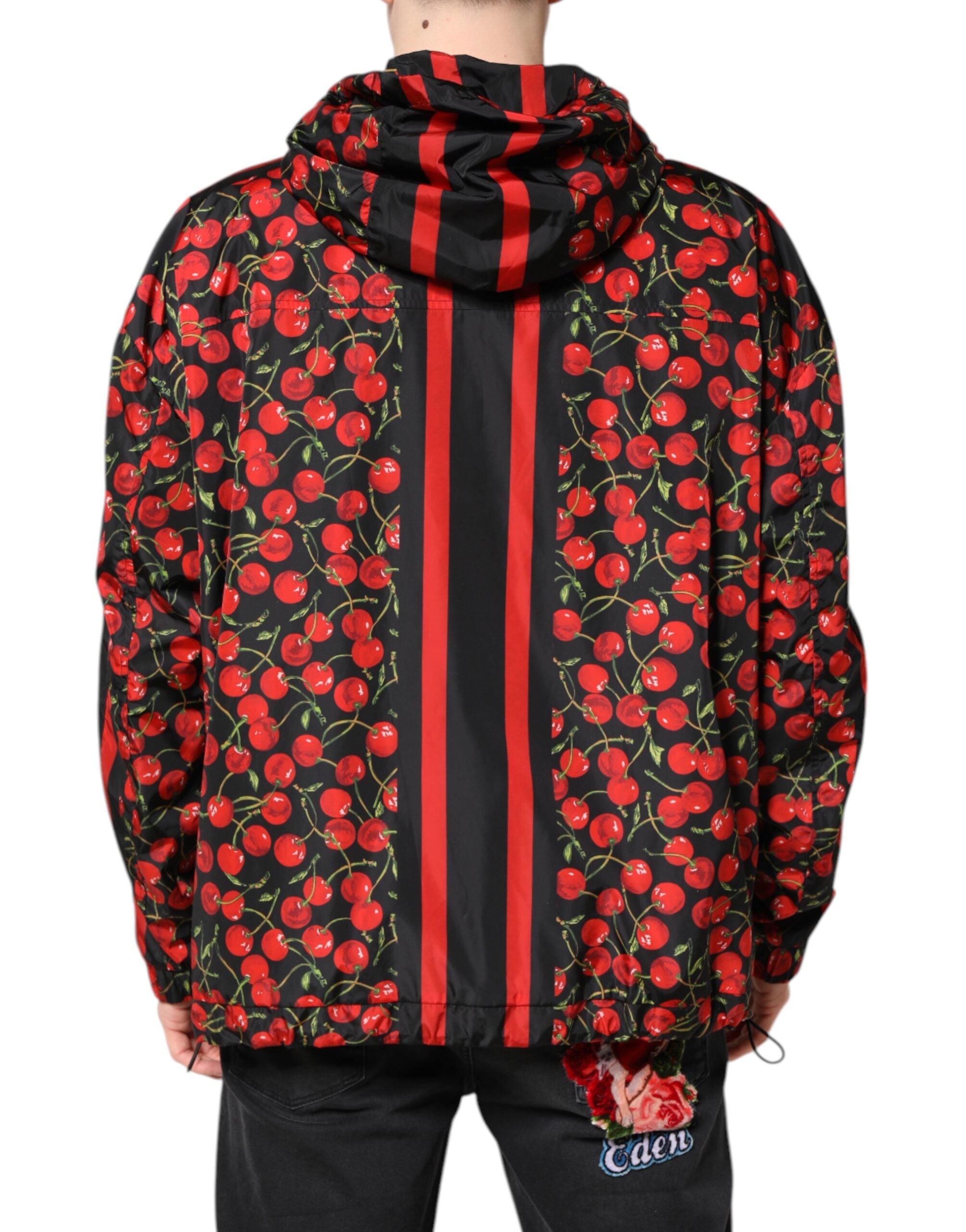Dolce & Gabbana black hooded windbreaker jacket with cherry pattern-4