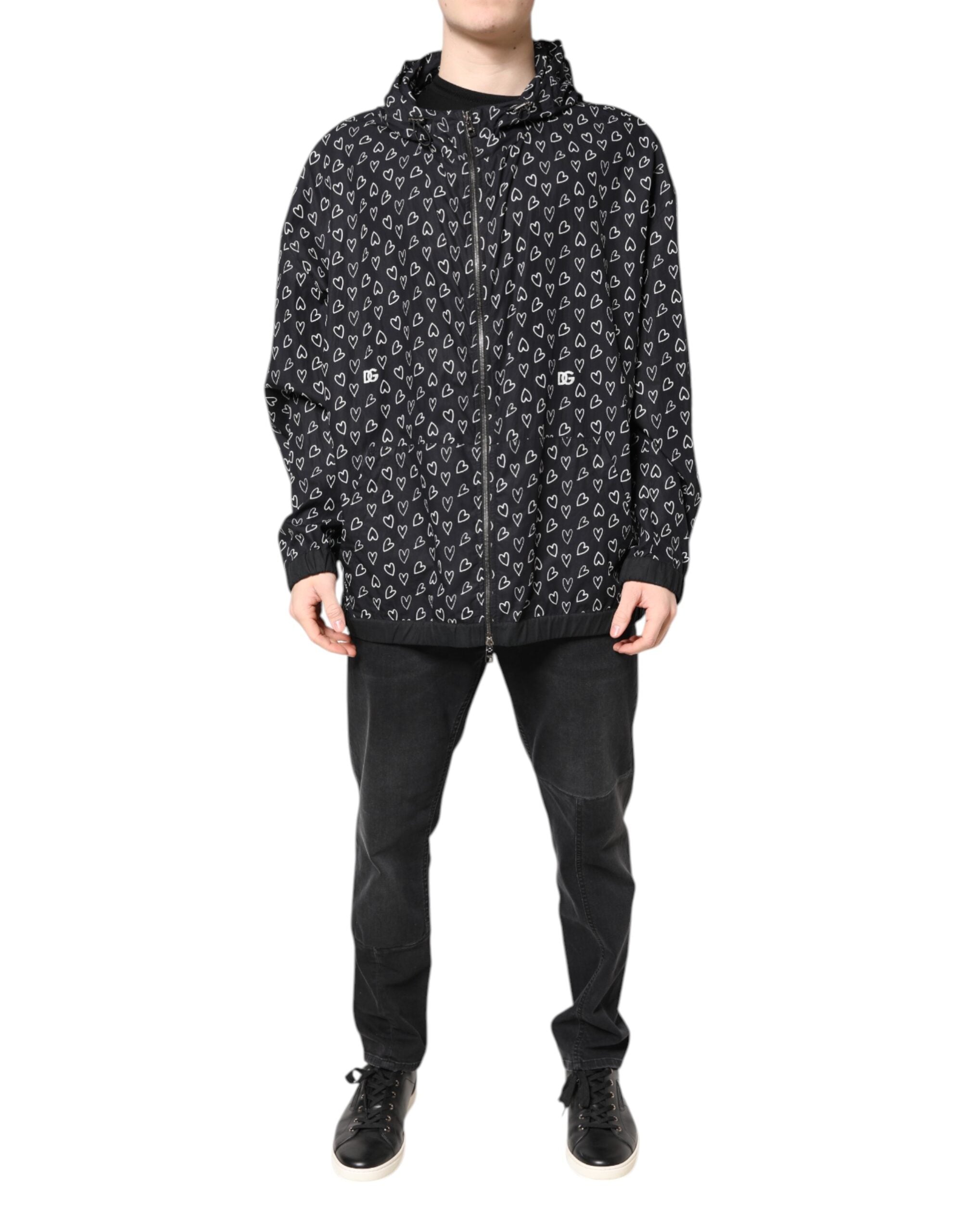 Dolce & Gabbana black windbreaker jacket with heart print and hood
